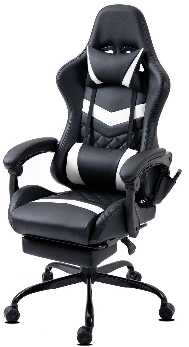 Delman Gaming-Stuhl Bürostuhl Chefsessel Massagefunktion mit 6 Vibrationspunkten, Drehstuhl, dicke Polsterung, Metallfußkreuz, Fußstütze 02-0037