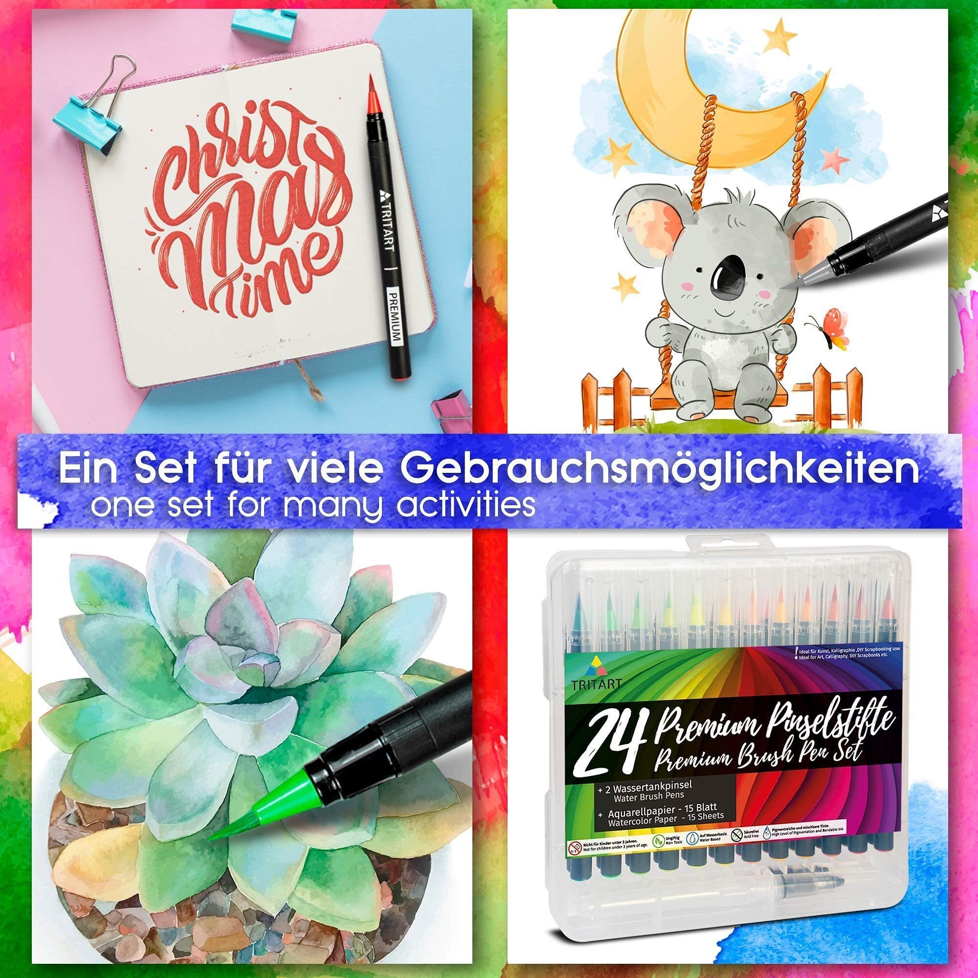 Tritart Pinselstift Pinselstift-Set - 24 Stifte, 2 Wasserpinsel, 15 Aquarellblätter, Brush Pens Set - 24 Pens, 2 Water Brushes, 15 Sheets