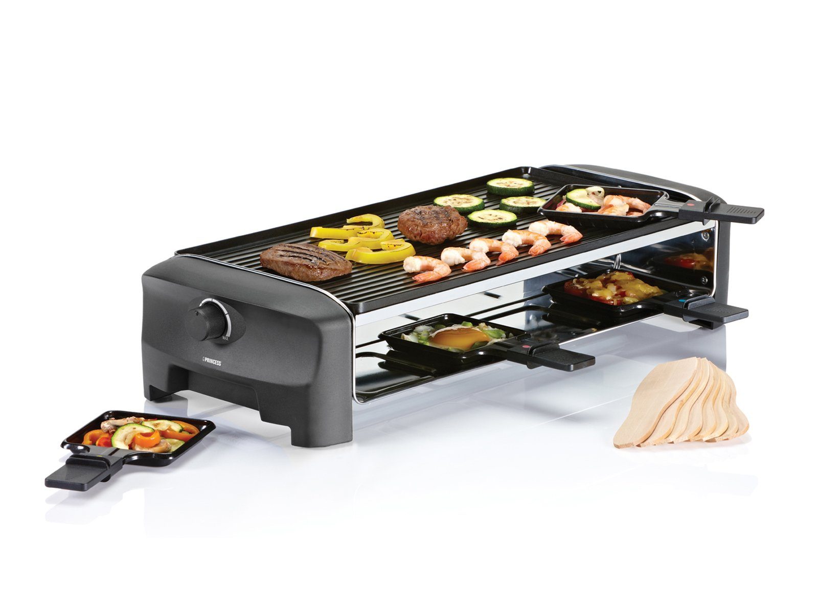 Setpoint Raclette, 8 Raclettepfännchen, 1400 W, großes XL Gerät für 2-8 Personen Tisch-Grill wendbare Platte & Gabeln