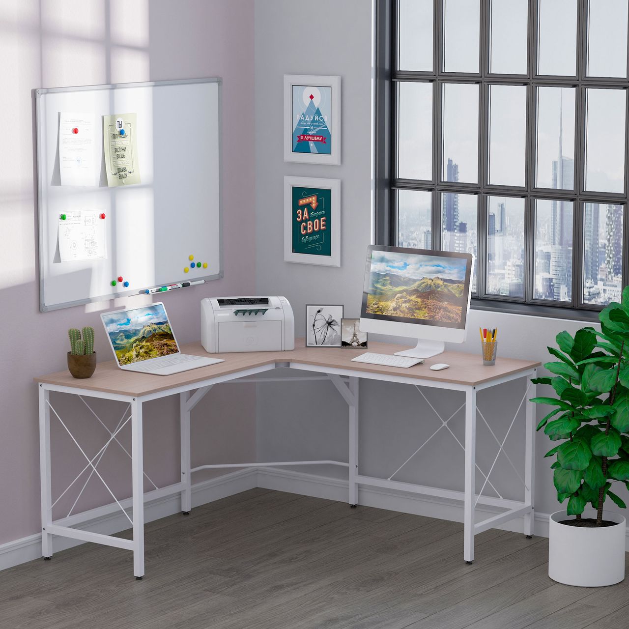 HOMCOM Computertisch L-Form Eckschreibtisch Winkelschreibtisch MDF Natur 150 x 150 x 76 cm