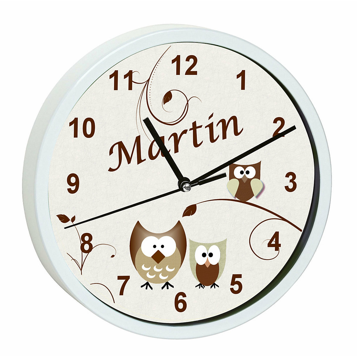 Kinder Wanduhr personalisiert mit Name Eule Beige