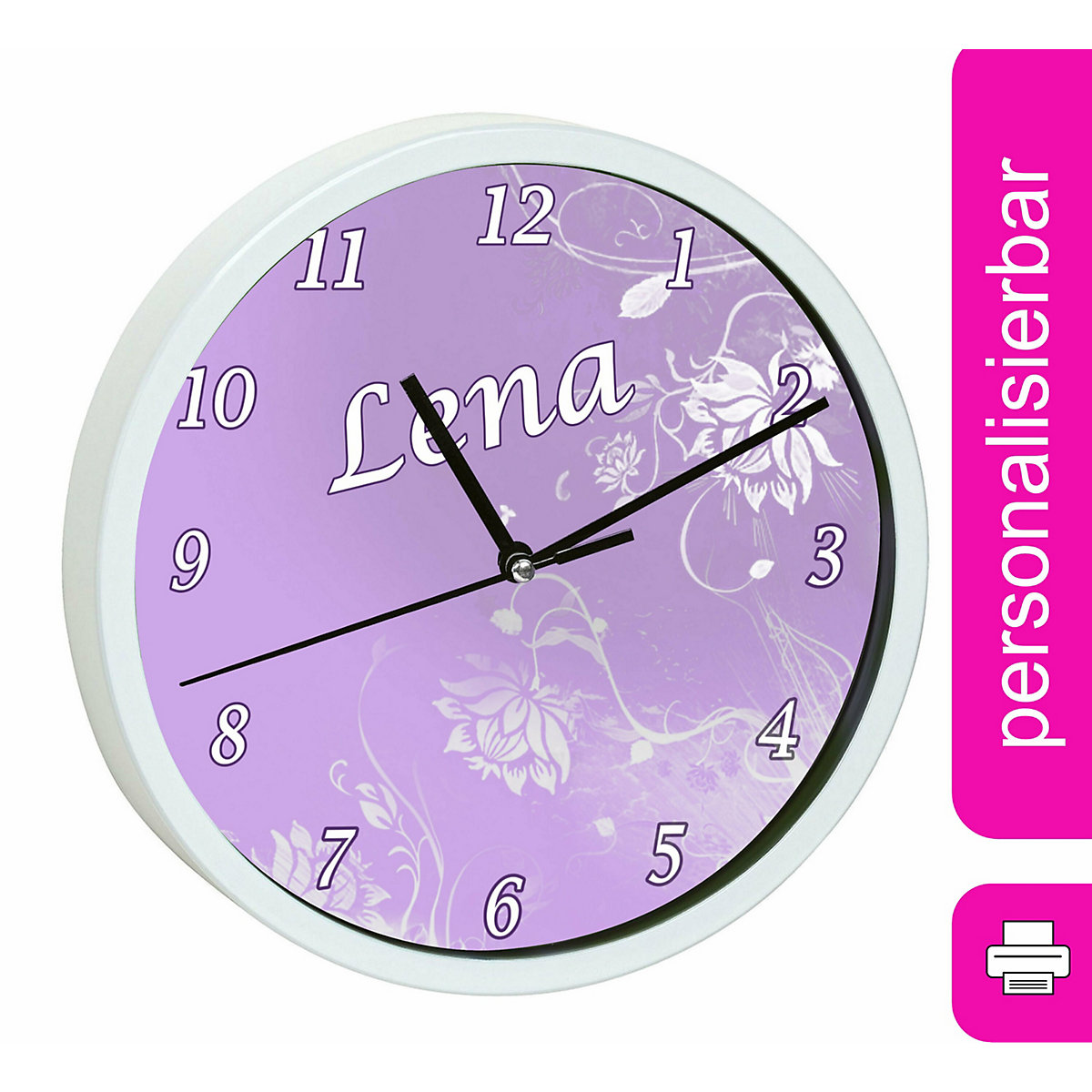 Kinder Wanduhr laufruhig personalisiert mit Name Blumenranke Lila