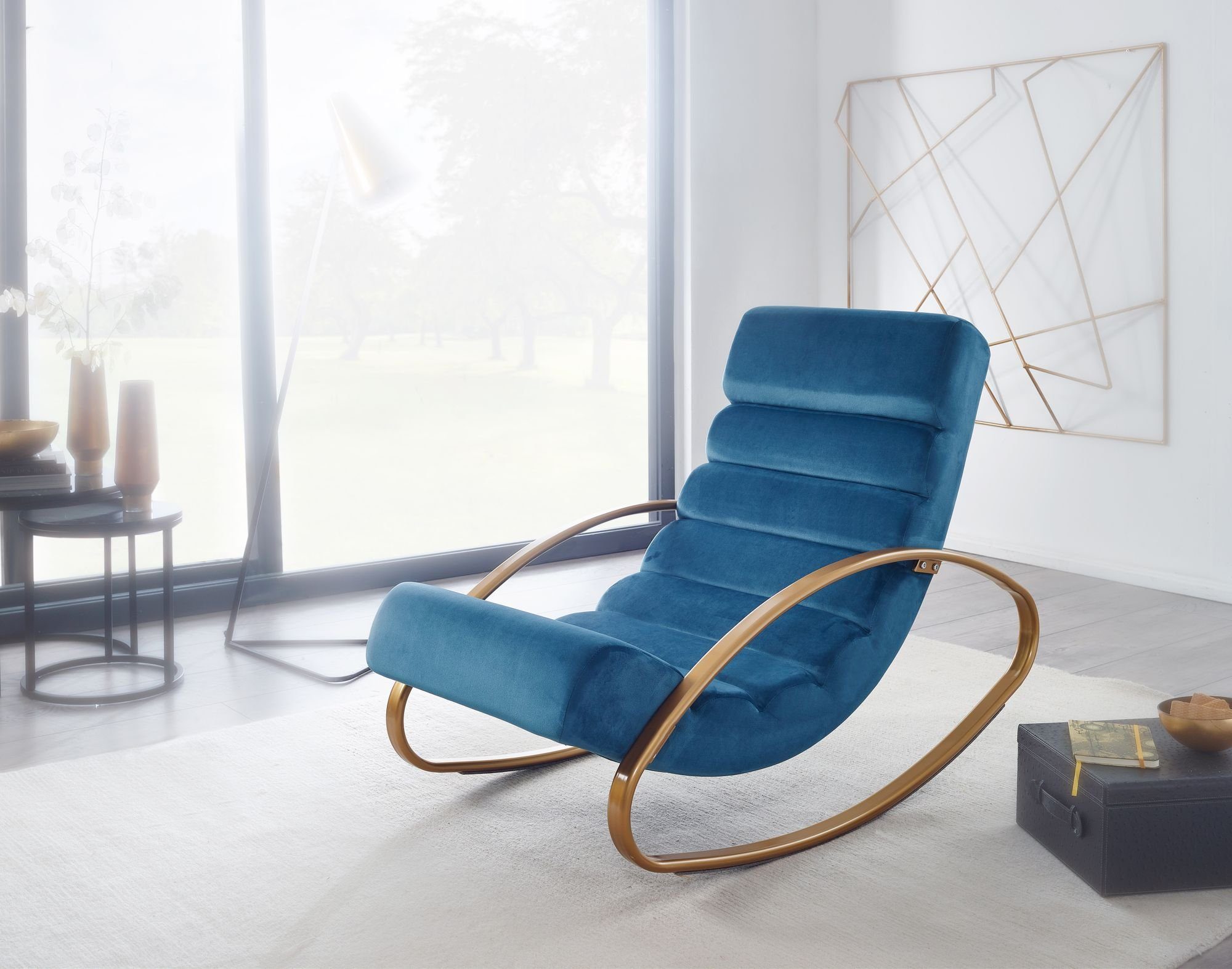 FINEBUY Schaukelstuhl FB23824 (Relaxliege Samt Blau / Gold 150 kg 61x81x111 cm), Schwingsessel Modern, Schwingstuhl Lounge Liege