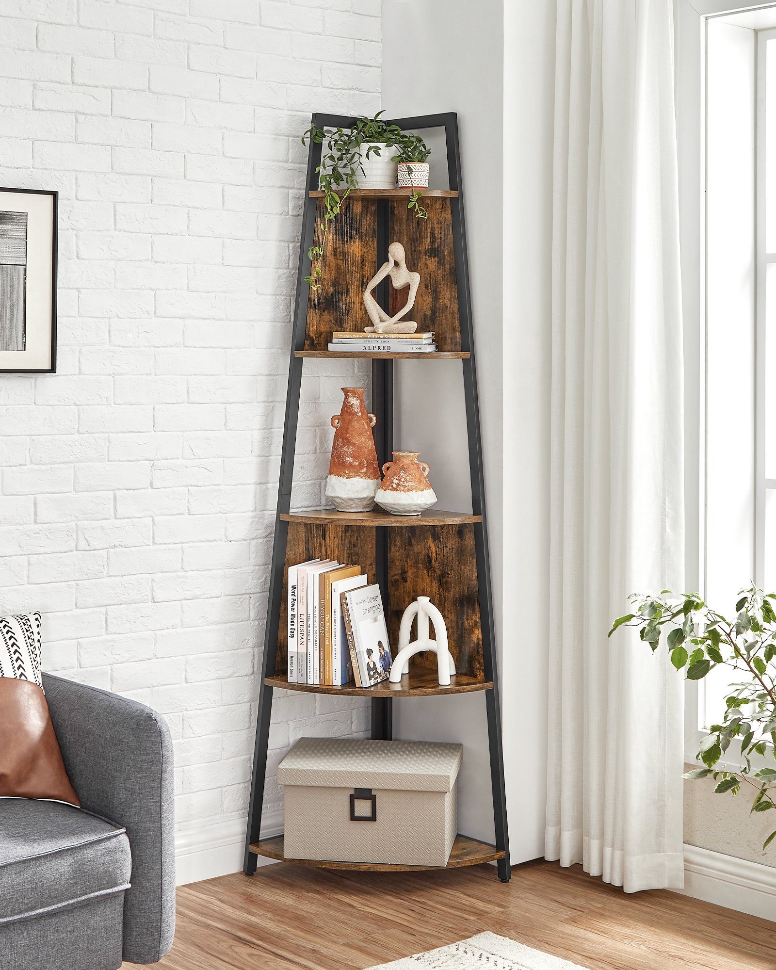 VASAGLE Eckregal Bücherregal, mit 5 Ablagen, Standregal, 45 x 45 x 182 cm