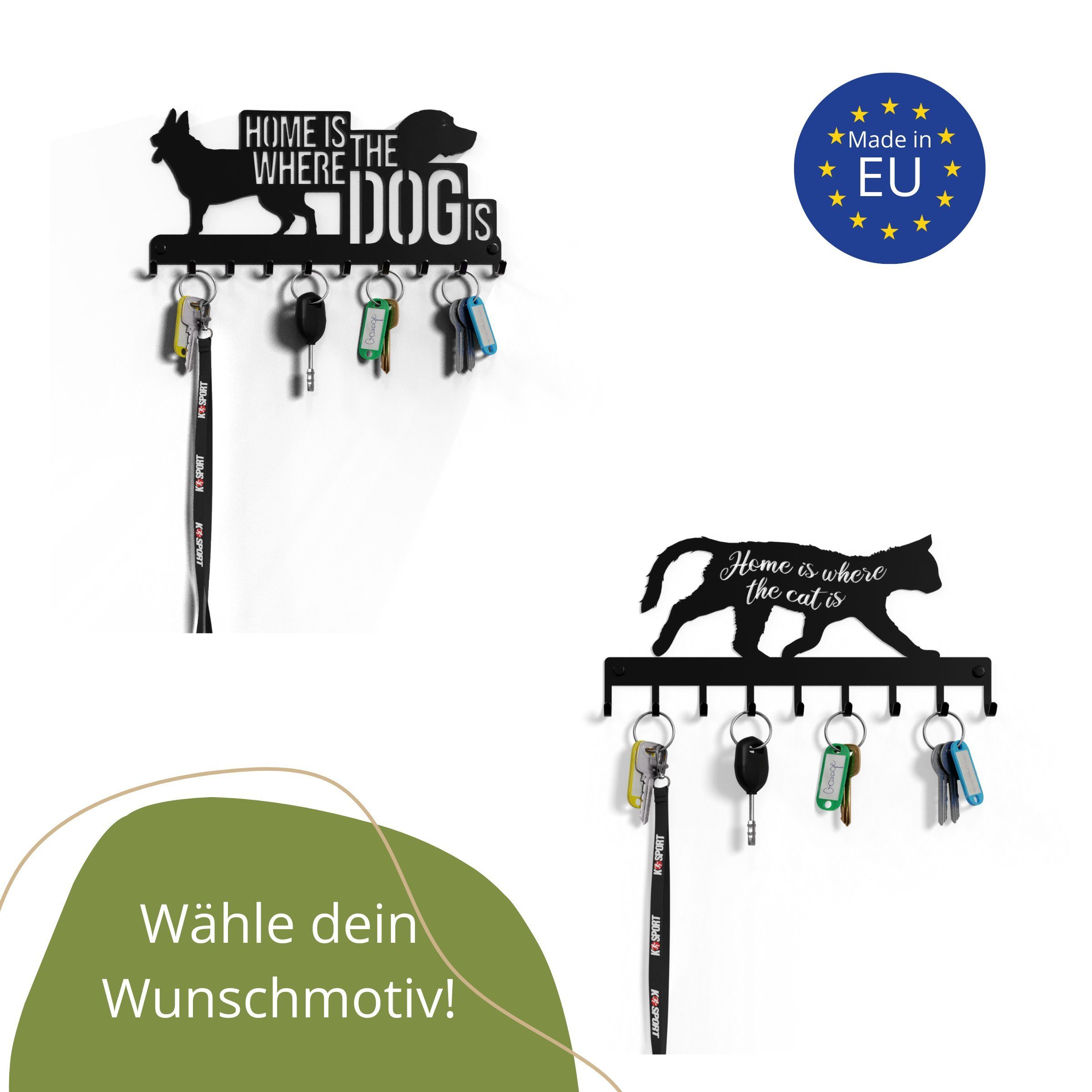 NOGGI - Home Decor Masters Schlüsselleiste Schlüsselhaken mit Motiv, (Schlüsselbrett HOME IS WHERE THE CAT IS I Schlüsselablage mit 9 Haken I Schlüsselhalter für die Wand, Wandbefestigung im Set enthalten), Made in EU