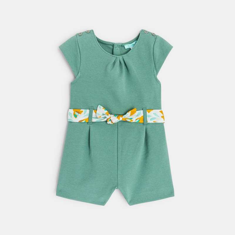 Combinaison courte fantaisie avec ceinture fleurie vert bébé fille