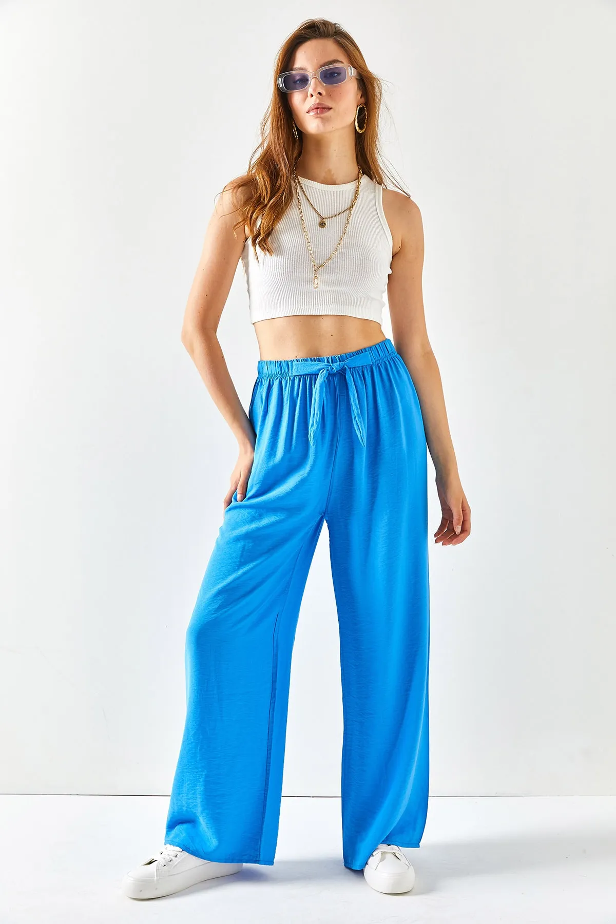 Olalook  Blaue Palazzo-Ayrobin-Hose mit Gürtel und elastischem Bund für Damen PNT-19000200