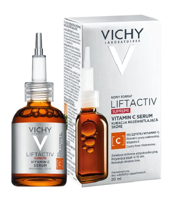 „Vichy Liftactiv Supreme“ skaistinamasis serumas su vitaminu C ir 15 % gryno vitamino C.
