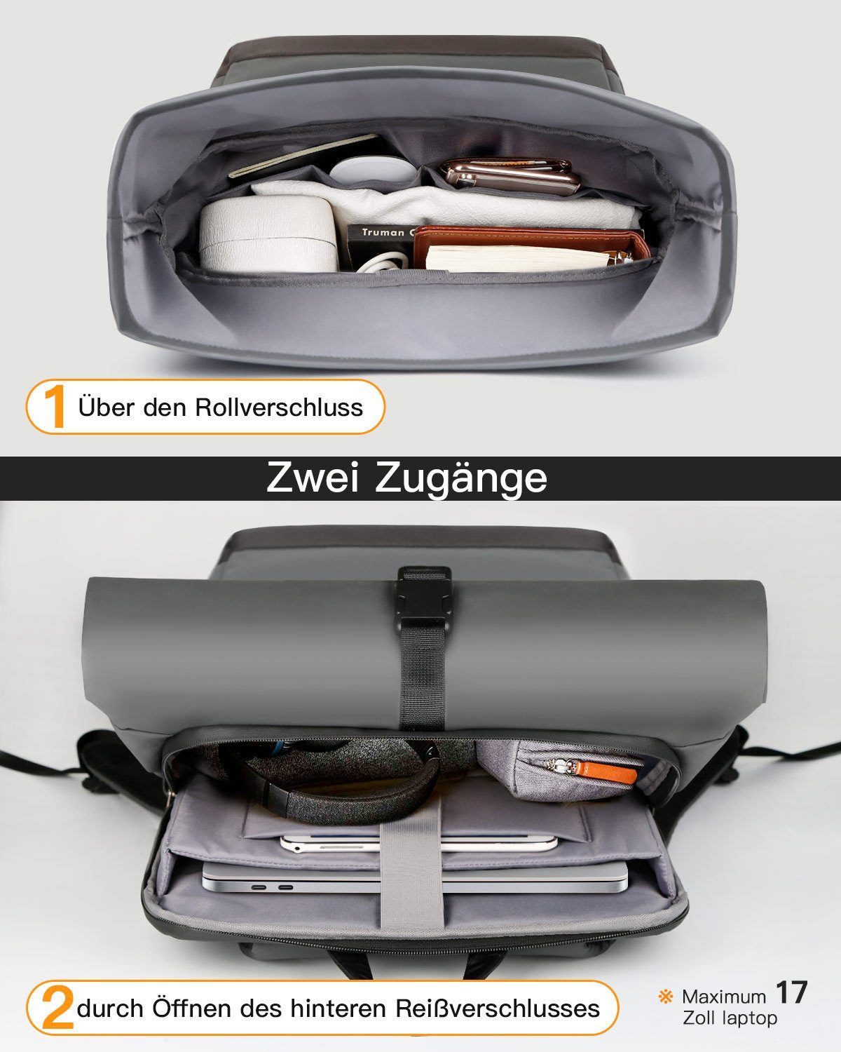 Inateck Laptoprucksack RollTop Rucksack Herren Damen Schulrucksack 25L-30L