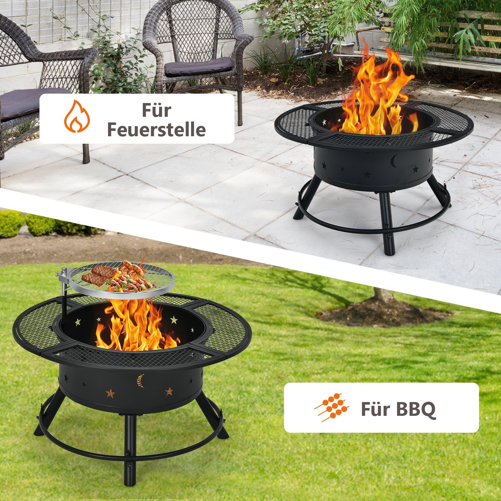 COSTWAY Feuerschale, Ø49cm, mit 360°Grillrost, höheverstellbar, mit Schürhaken