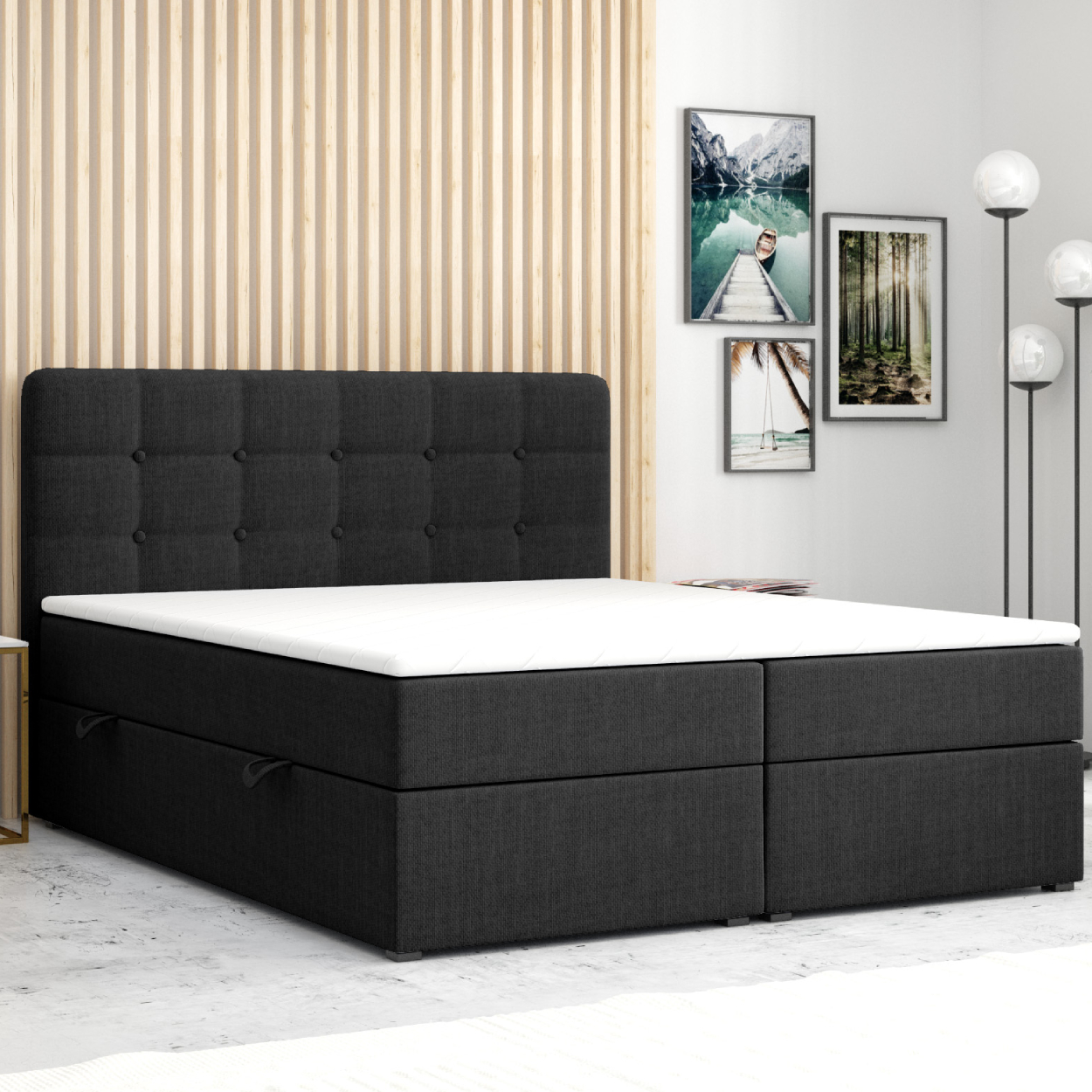 Möbel Punkt Boxspringbett PRAG Chesterfield mit Bettkasten 180 x 200 cm Webstoff schwarz