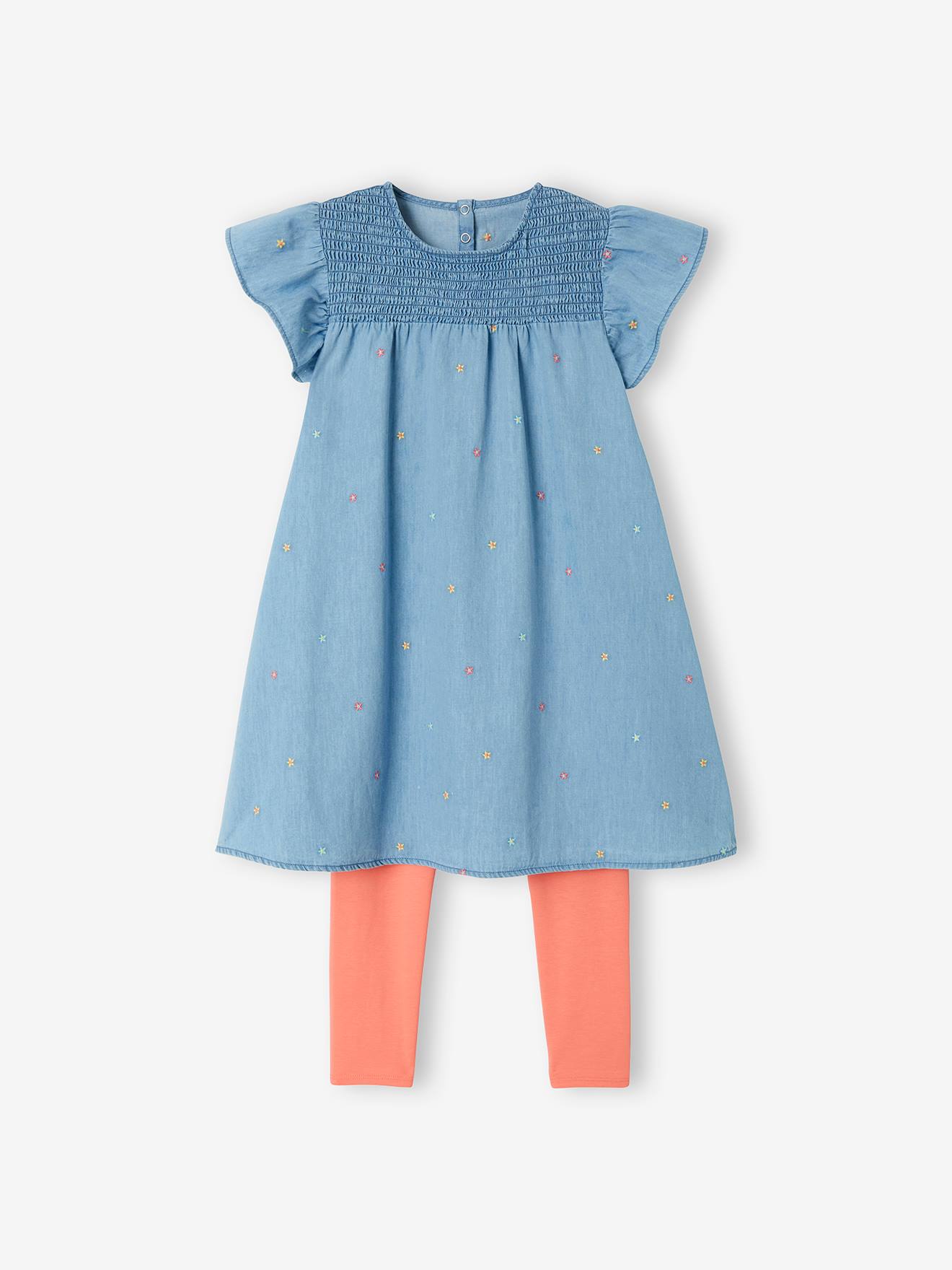 Ensemble 2 pièces robe brodée en denim et legging fille bleu