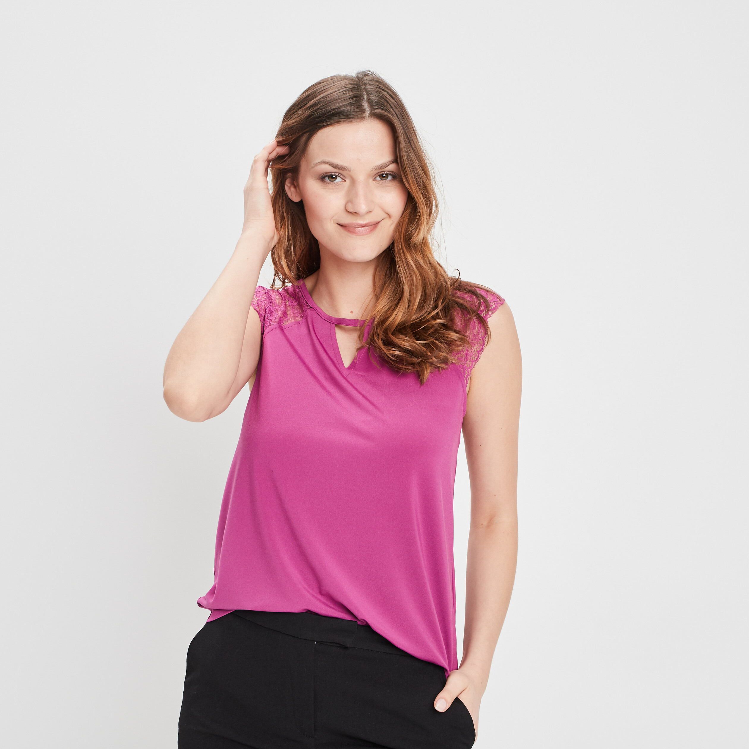 T-shirt manches courtes dentelle rose fushia femme | La Halle