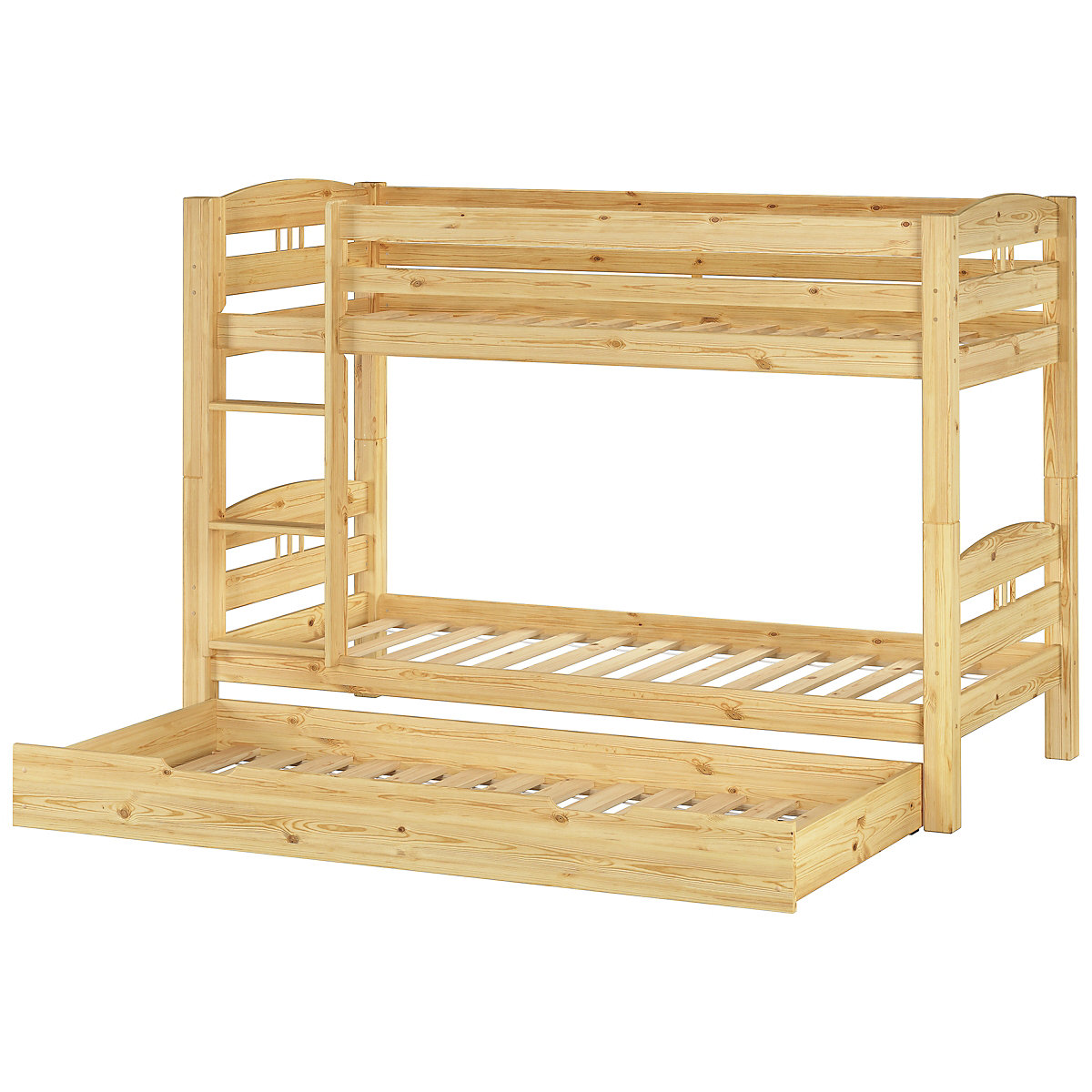 Etagenbett 90x200 Kiefer + Rollroste, Matratzen, Gästebettkasten
