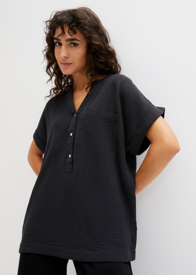 Musselin-Bluse mit Knopfleiste und Tasche