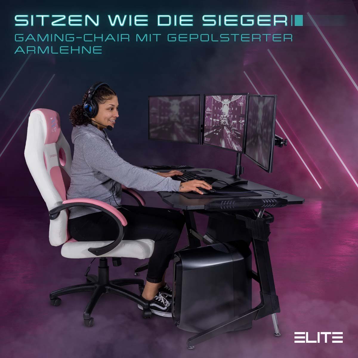 ELITE Gaming Gaming-Stuhl Ergonomischer Gamingstuhl Exodus Bürostuhl inkl. XXL Sitzfläche (Drehstuhl mit verriegelbare Wippmechanik, Armpolster, verstellbare Sitzhöhe, Sicherheits-Doppelrollen, 5-Stern Fußkreuz, 360 Grad horizontal drehbar, PVC Memor