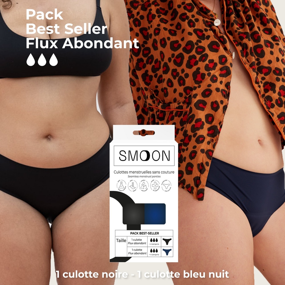 smoon lingerie Pack de 2 culottes menstruelles flux abondant 1 culotte bleue nuit et 1 culotte noire