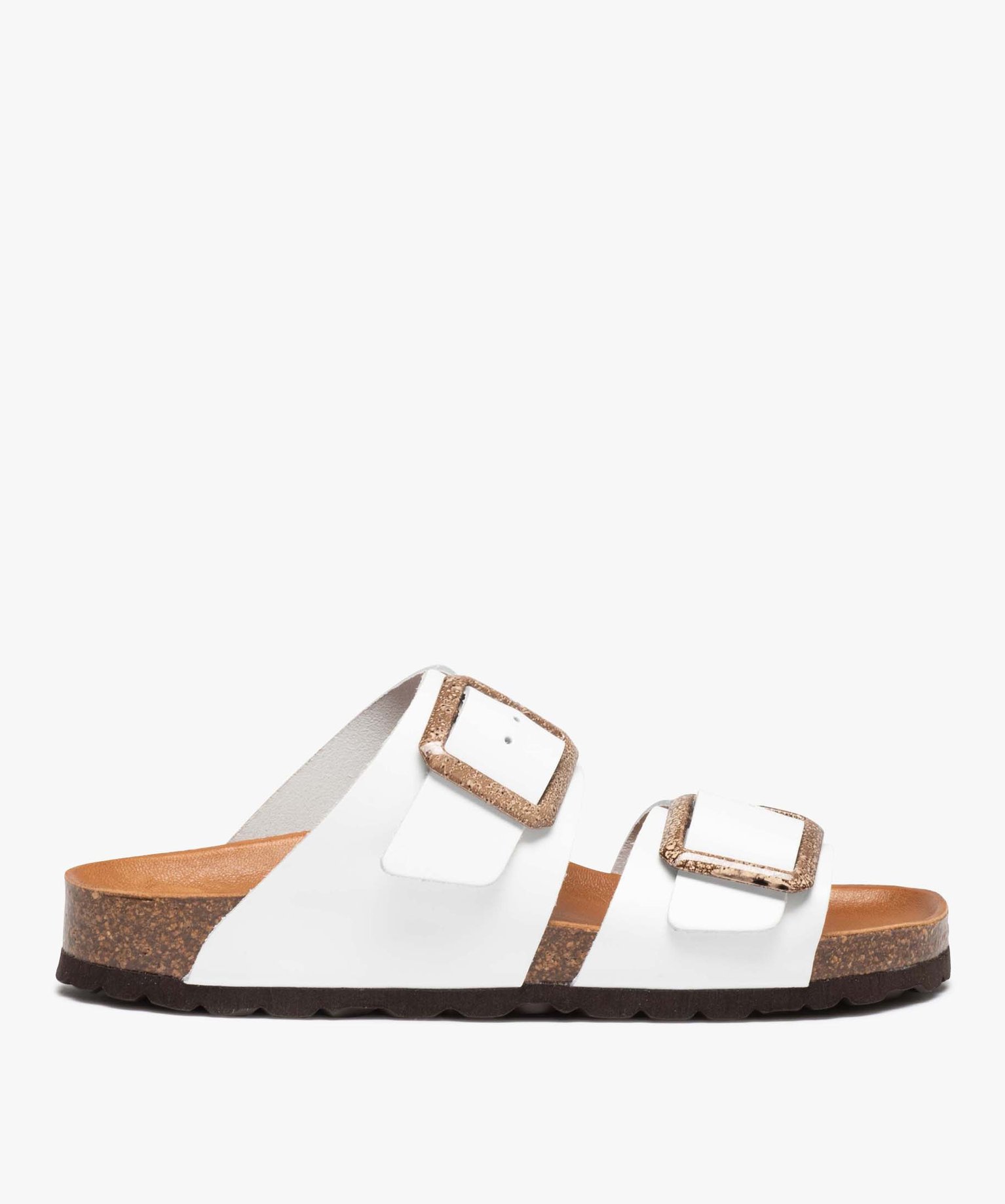 Mules femme unies à larges brides bouclées en cuir blanc | GEMO