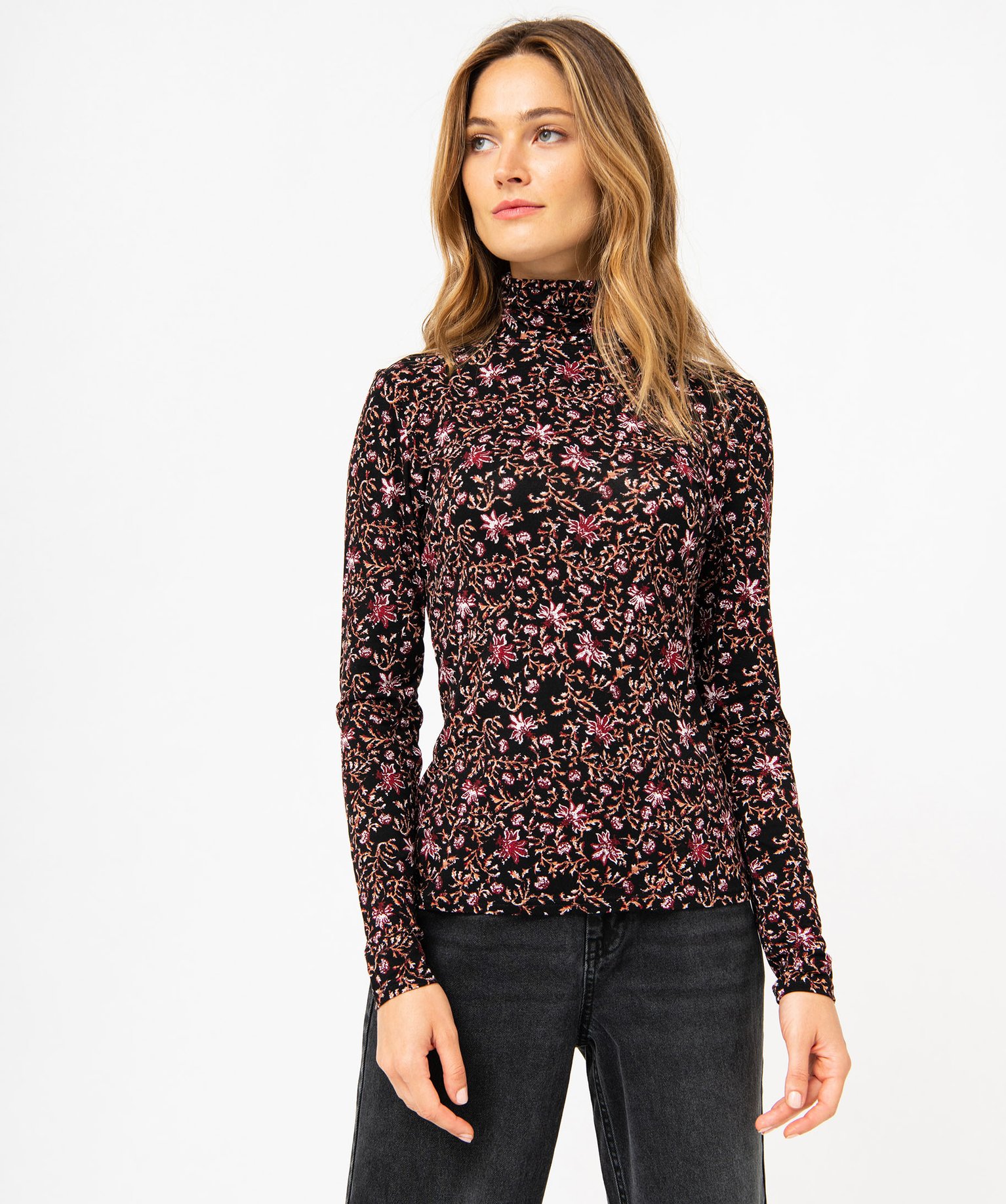 Tee-shirt manches longues et col roulé moulant femme imprime | GEMO