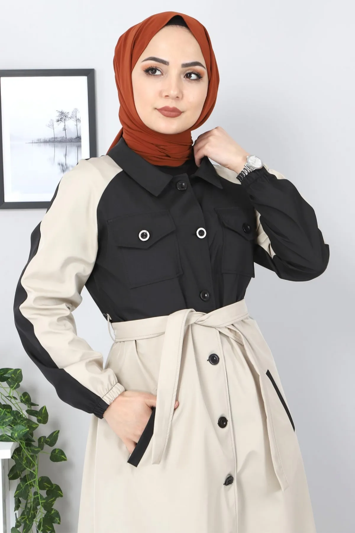 Tesettür Dünyası  Zweifarbiger Trenchcoat Tsd0919 Beige