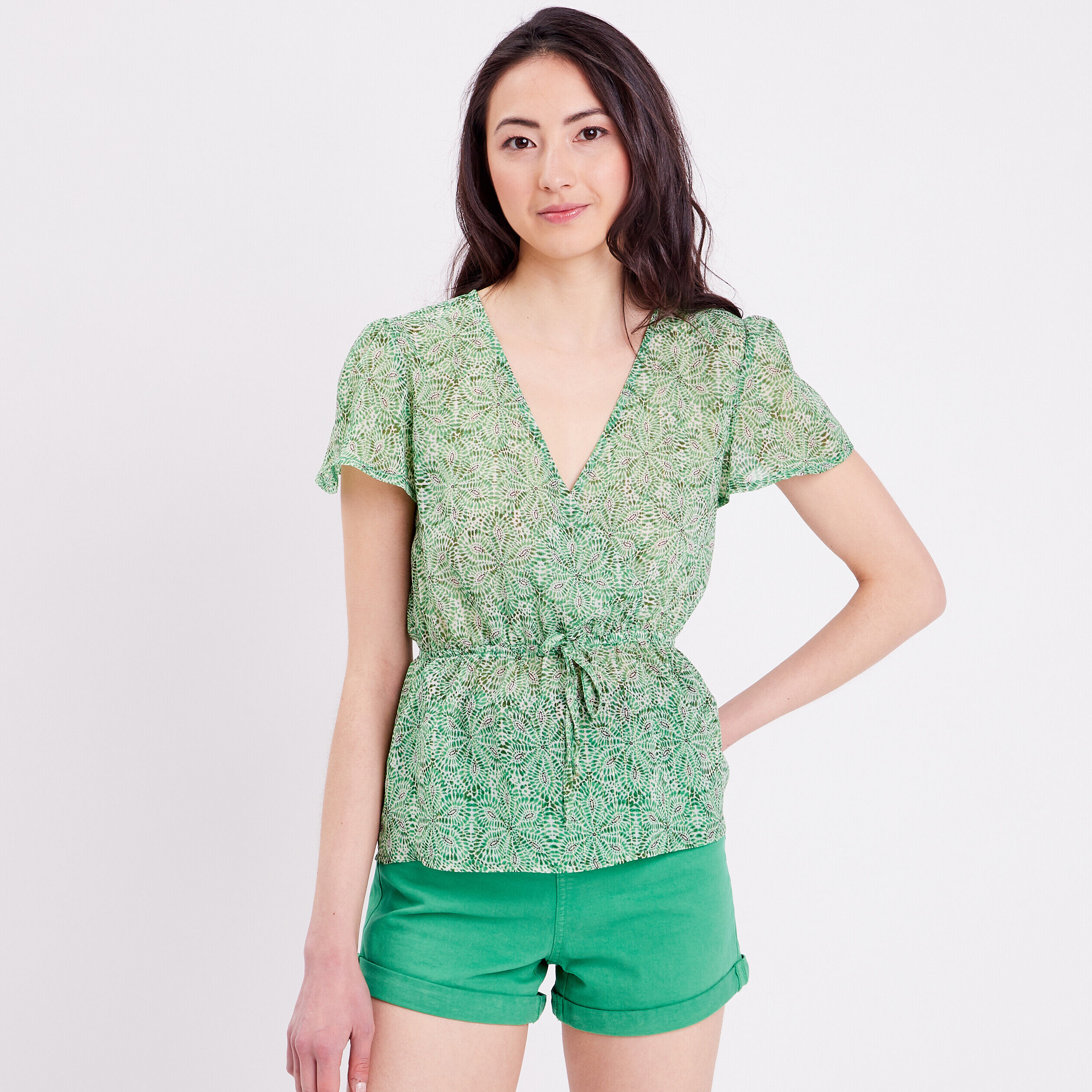 Blouse cintrée col cache-coeur vert femme | Cache Cache