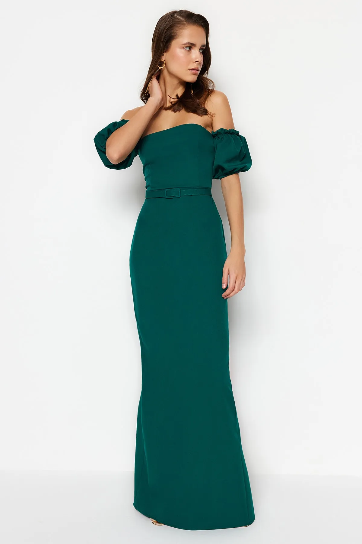 Trendyol Collection  Smaragdgrünes langes gewebtes Abendkleid mit Gürtel TPRSS23AE00091