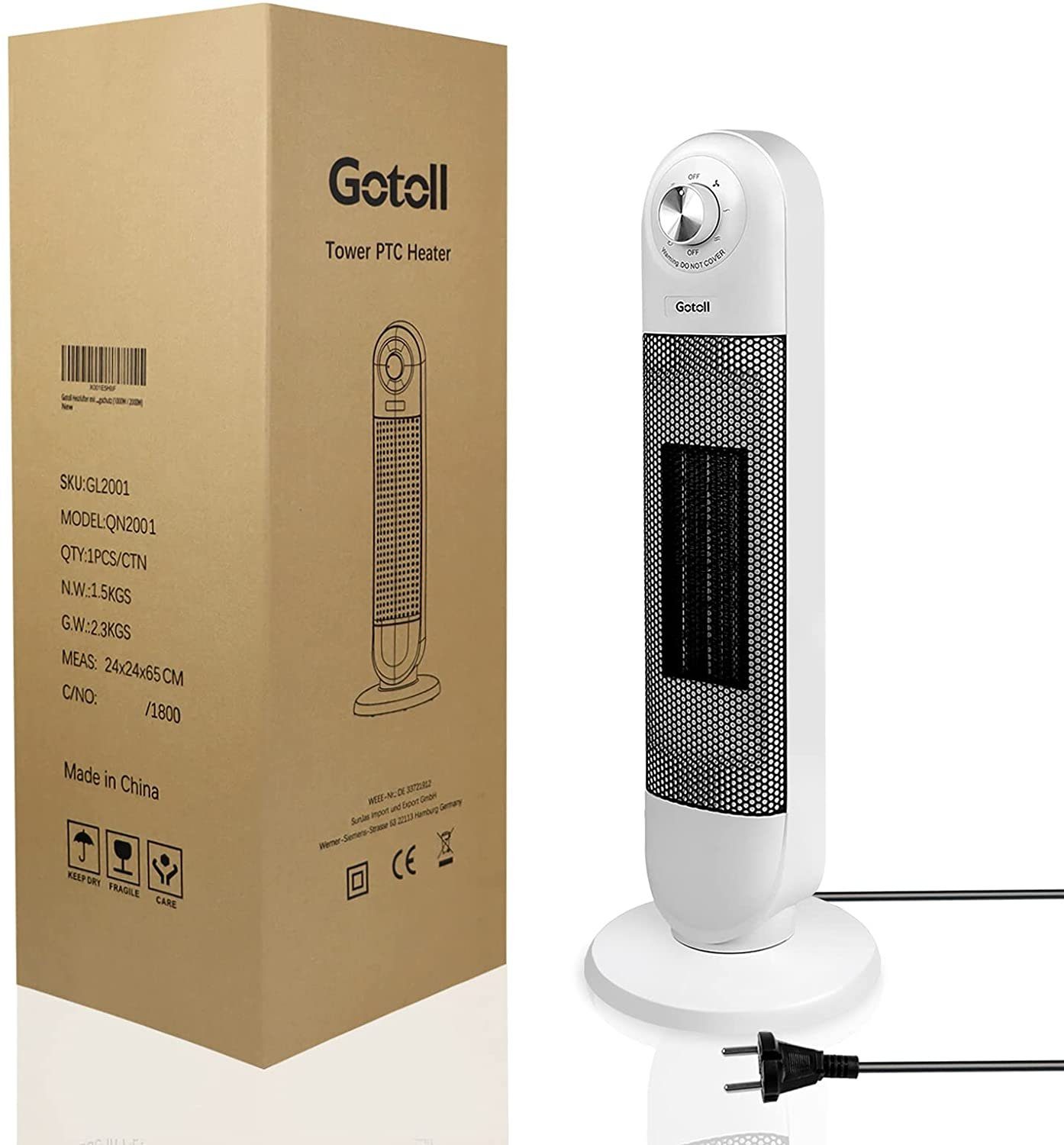 Gotoll Heizlüfter GL2001, 2000w Heizgerät Keramikheizgerät,Turmheizlüfter, Heater