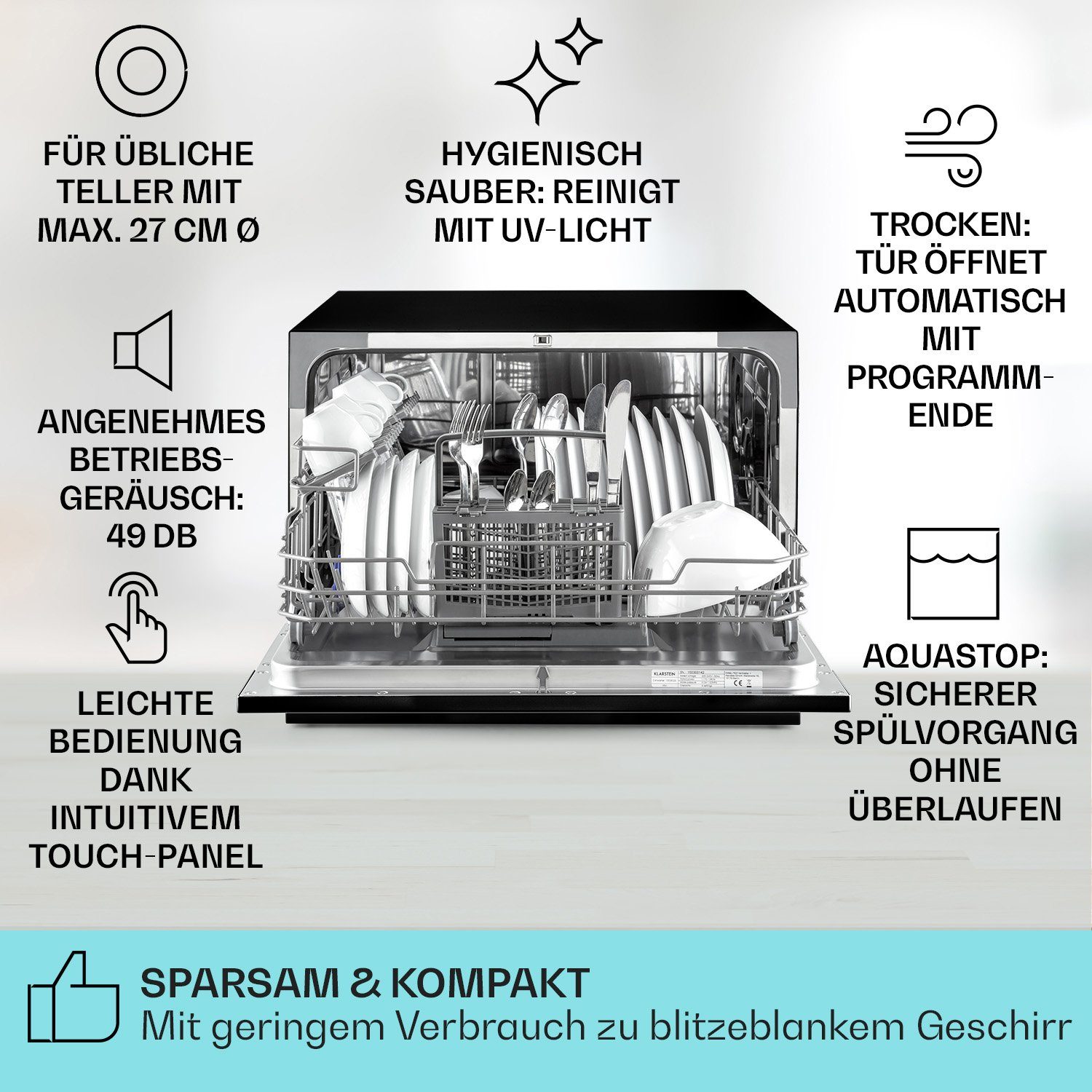 Klarstein Standgeschirrspüler Havasia UV 8 Geschirrspüler UV-Licht freistehend / Einbau 1620W, 10041829, 8 l, Spühlmaschine 55 cm freistehend oder einbaufähig schwarz