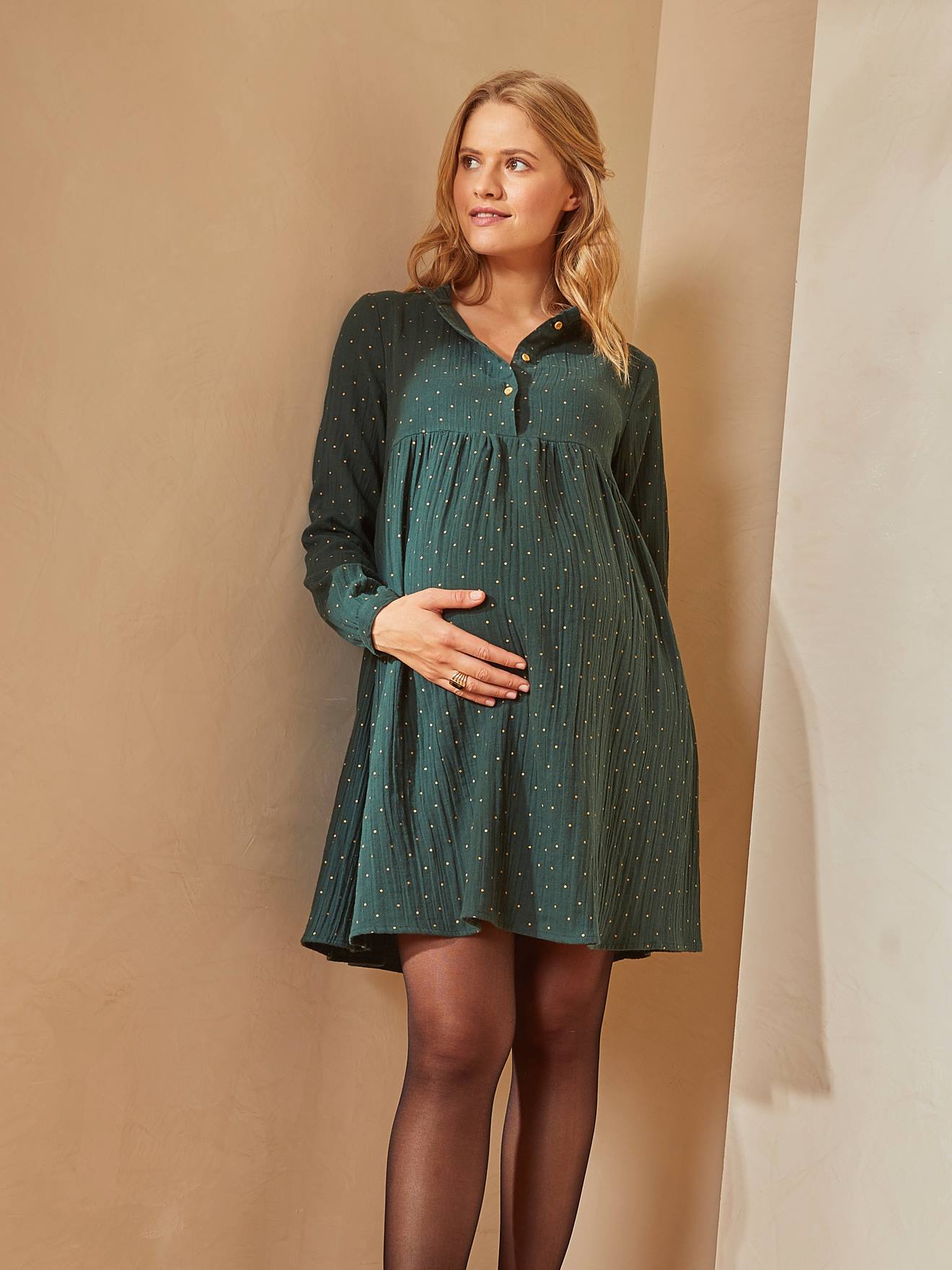 Robe imprimée gaze de coton grossesse et allaitement gris avec motif
