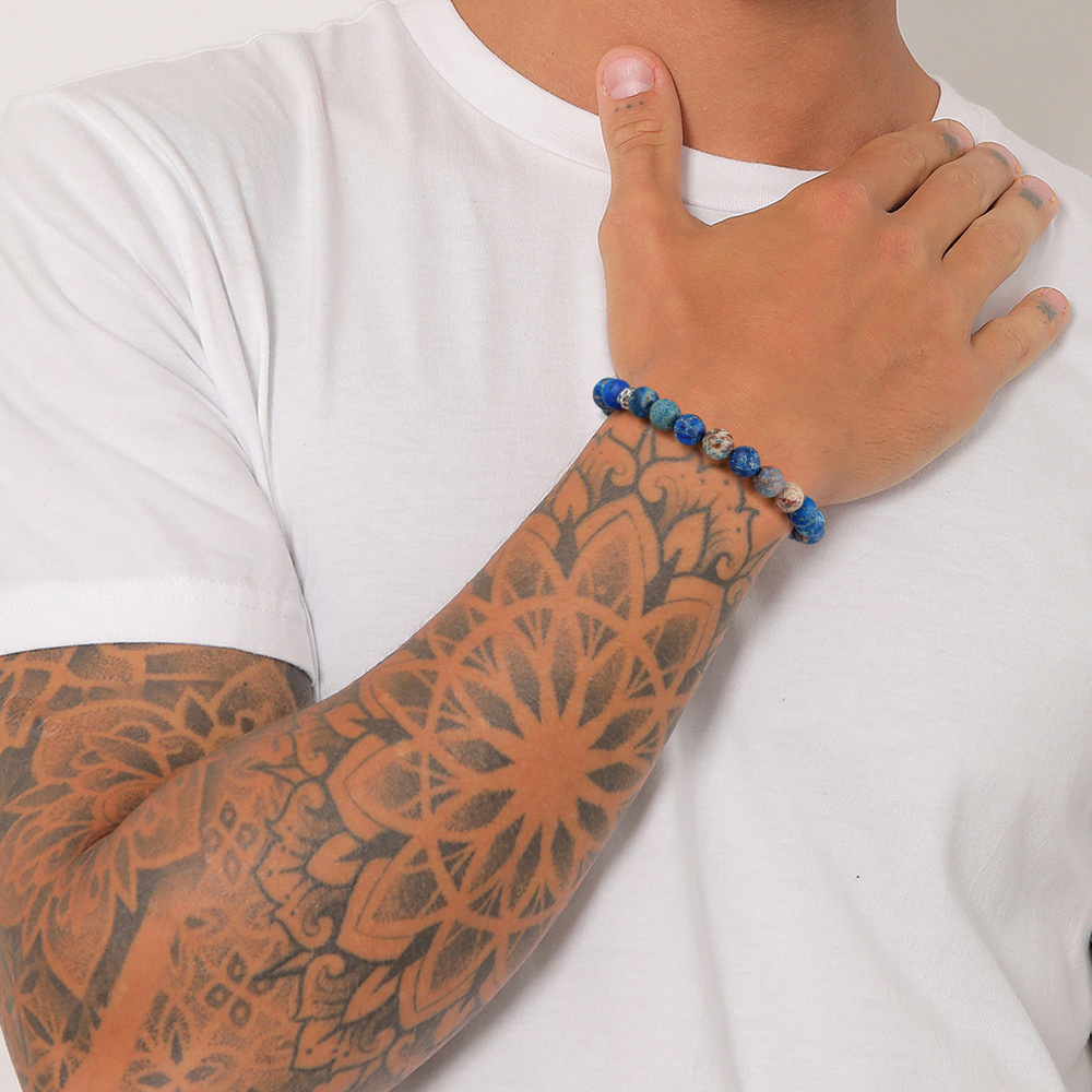 KUZZOI KUZZOI Bracelet Hommes Beads Tendance boules avec agate Bleu en Argent Sterling 9 Bracelet