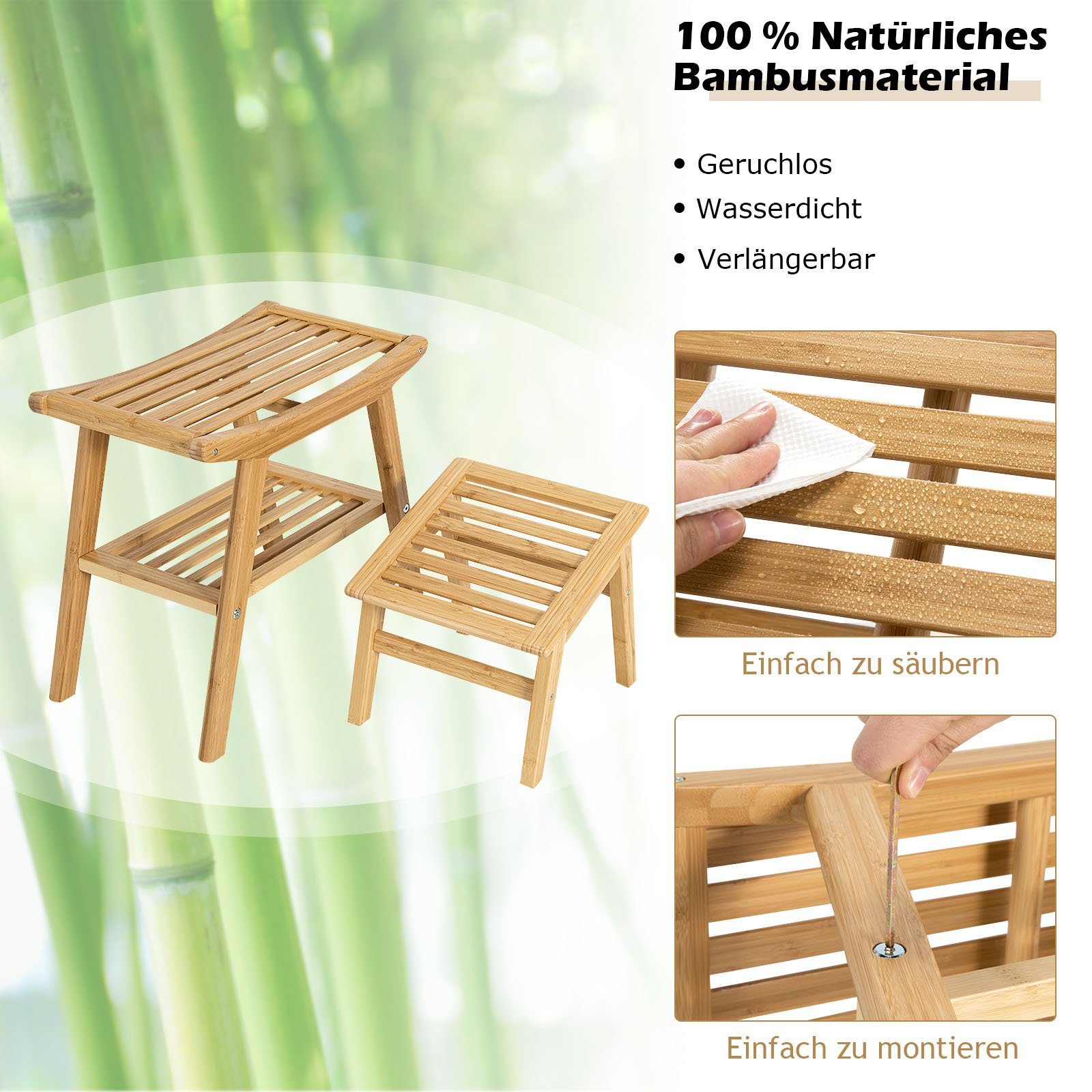 COSTWAY Duschhocker, belastbar bis 150 kg, mit Fußhocker, Fach, Bambus
