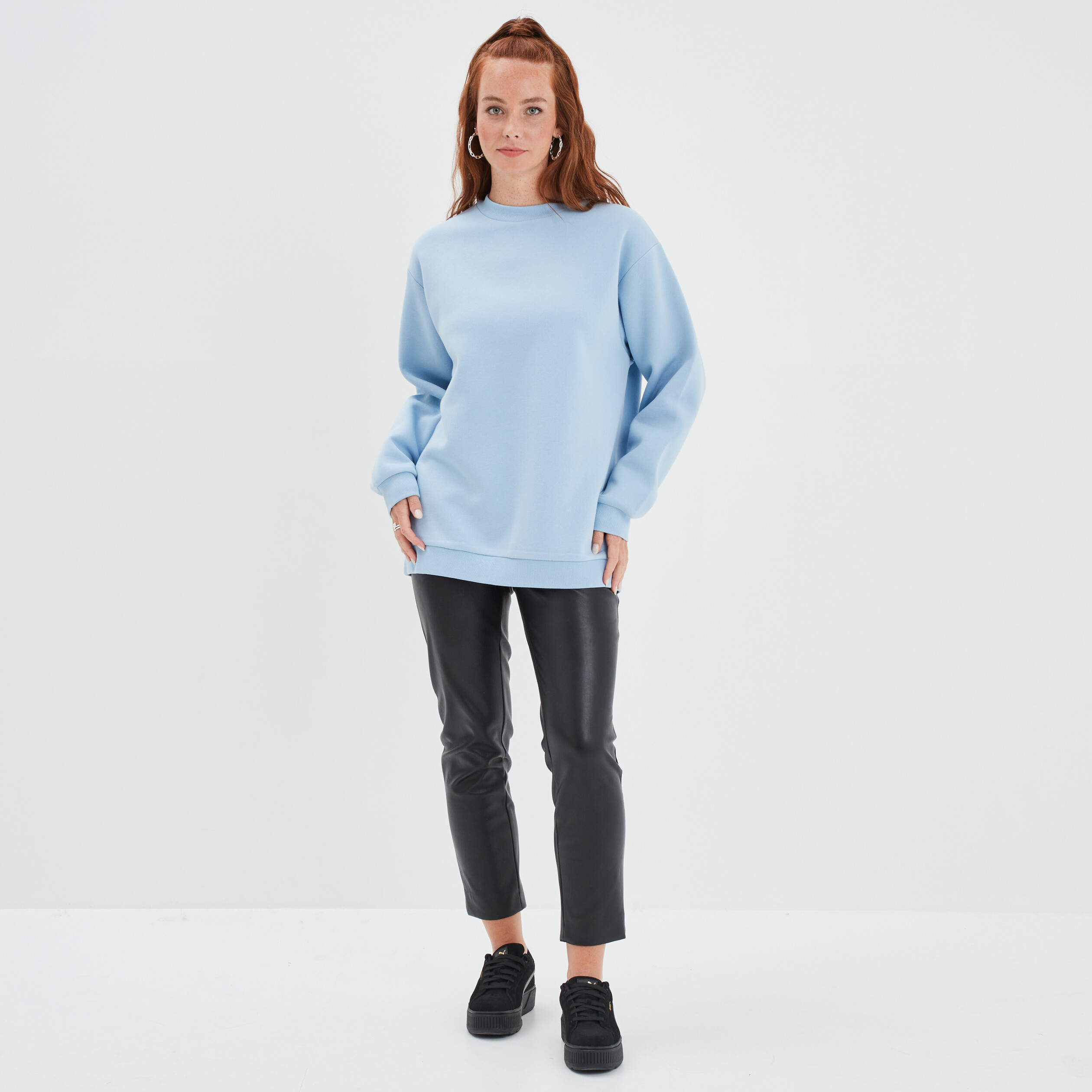 Sweat oversize mi-long col rond bleu gris femme | La Halle