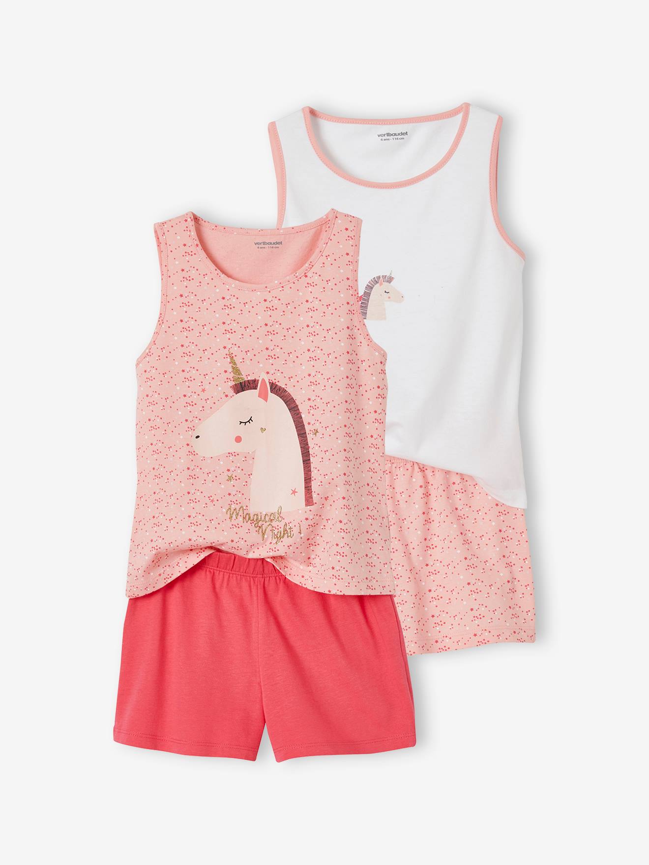 Vertbaudet 2er-Pack kurze Mädchen Schlafanzüge, Einhorn Oeko-Tex - pack rosa