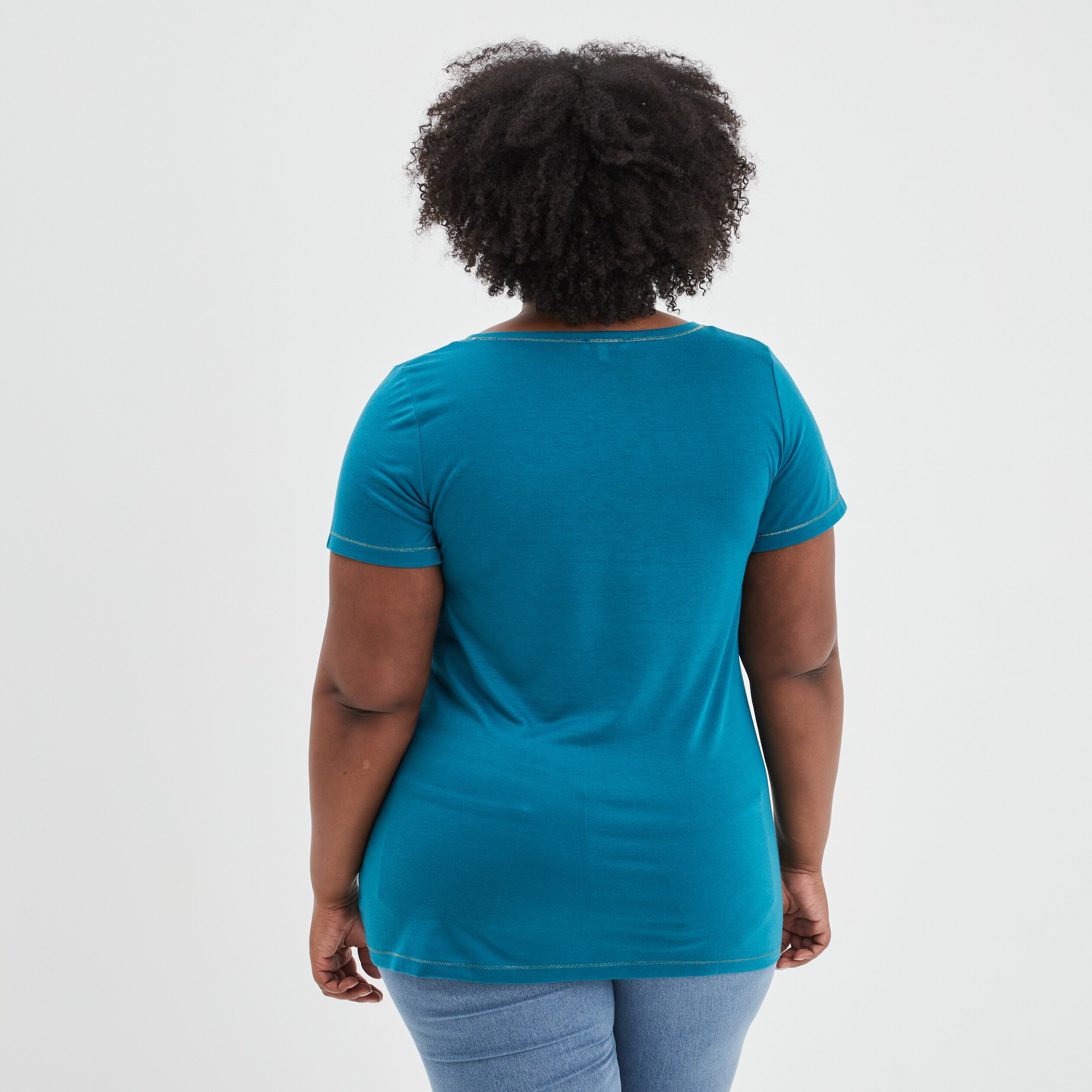 T-shirt manches courtes col V bleu canard femme grande taille | La Halle