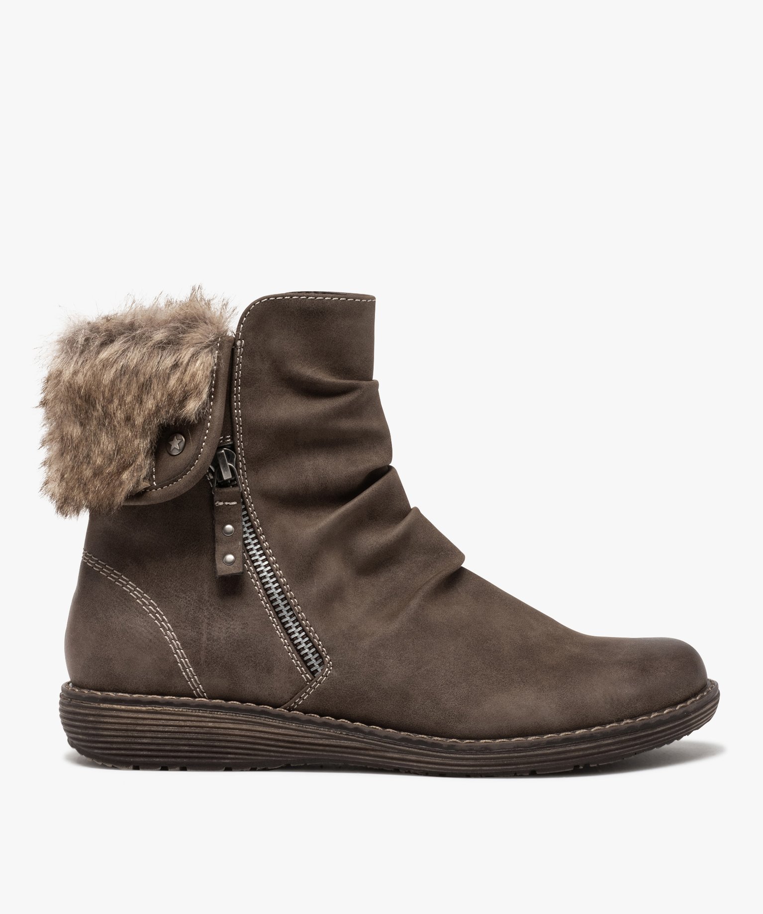 Boots fourrées femme à talon plat et zip décoratif | GEMO