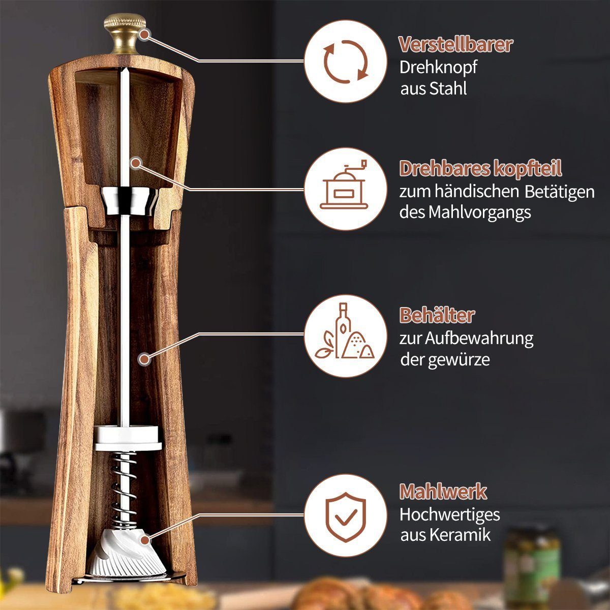 DOPWii Pfeffermühle Salz und Pfeffermühle,22cm Manuelle Gewürzmühle 2er Set