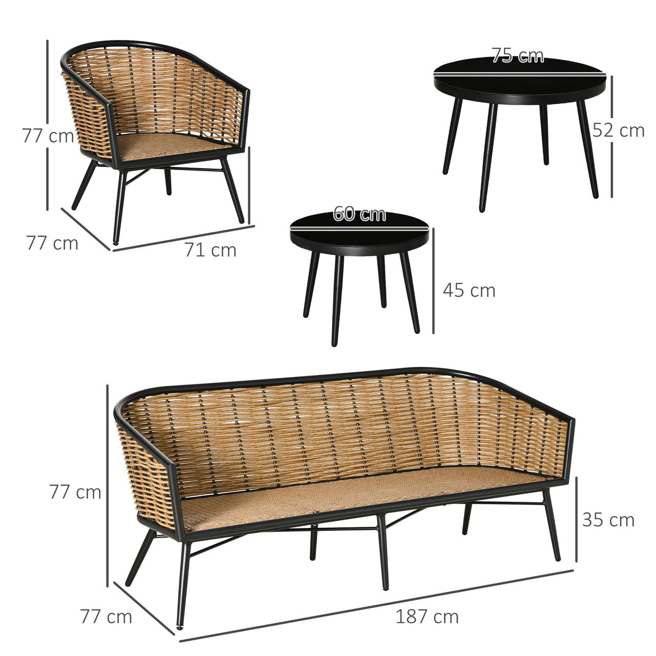 Outsunny Polyrattan Gartenmöbel Set 5-teiliges Rattensofa-Set Sitzgruppe Sitzgarnitur für Pause Lounge Teetisch mit Sofa Kissen Aluminium Natur