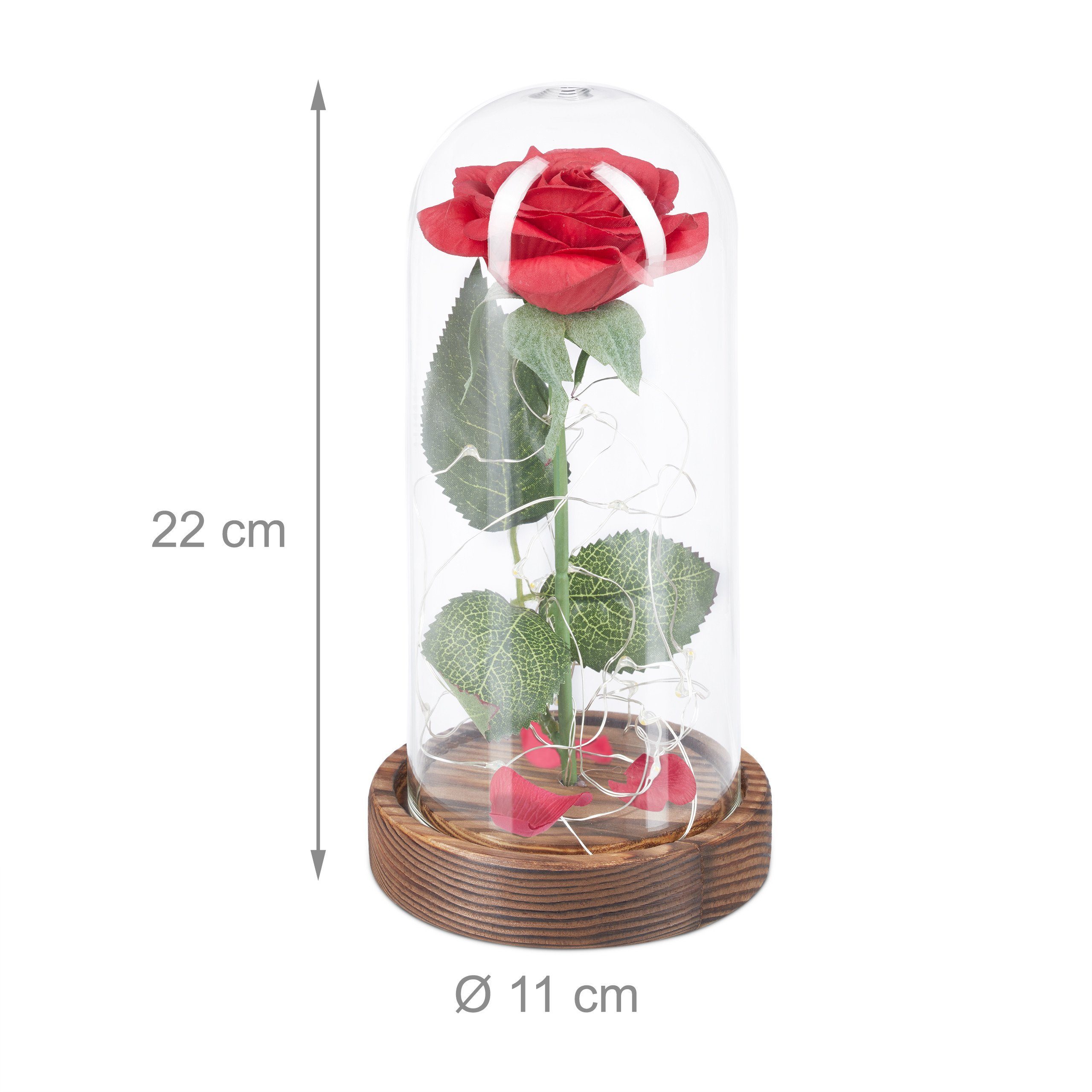 Kunstblume Ewige Rose im Glas mit Licht, relaxdays, Höhe 22 cm