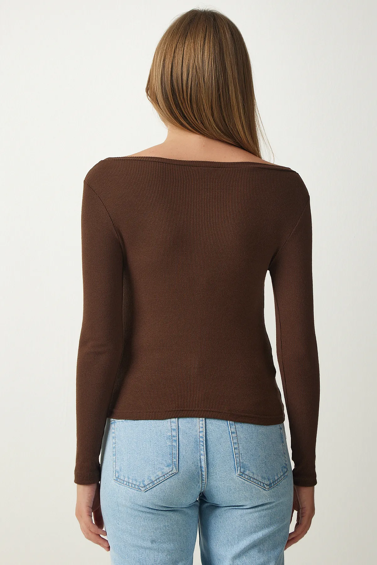 Happiness İstanbul  Braun-weiße Damen-Strickbluse mit V-Ausschnitt im 2er-Pack GT00058