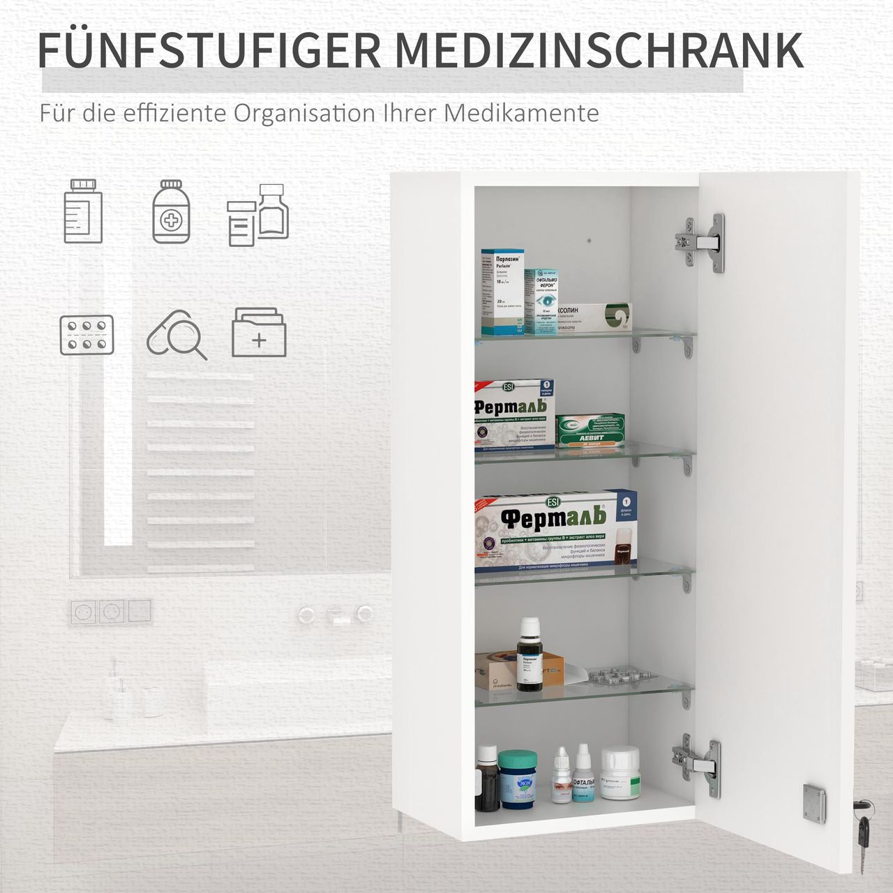 kleankin Medizinschrank Arzneischrank Wandschrank Hängeschrank mit verstellbarer Ablage Erste-Hilfe-Kreuz abschließbar für Badezimmer Küche Flur Weiß 30x20x70 cm