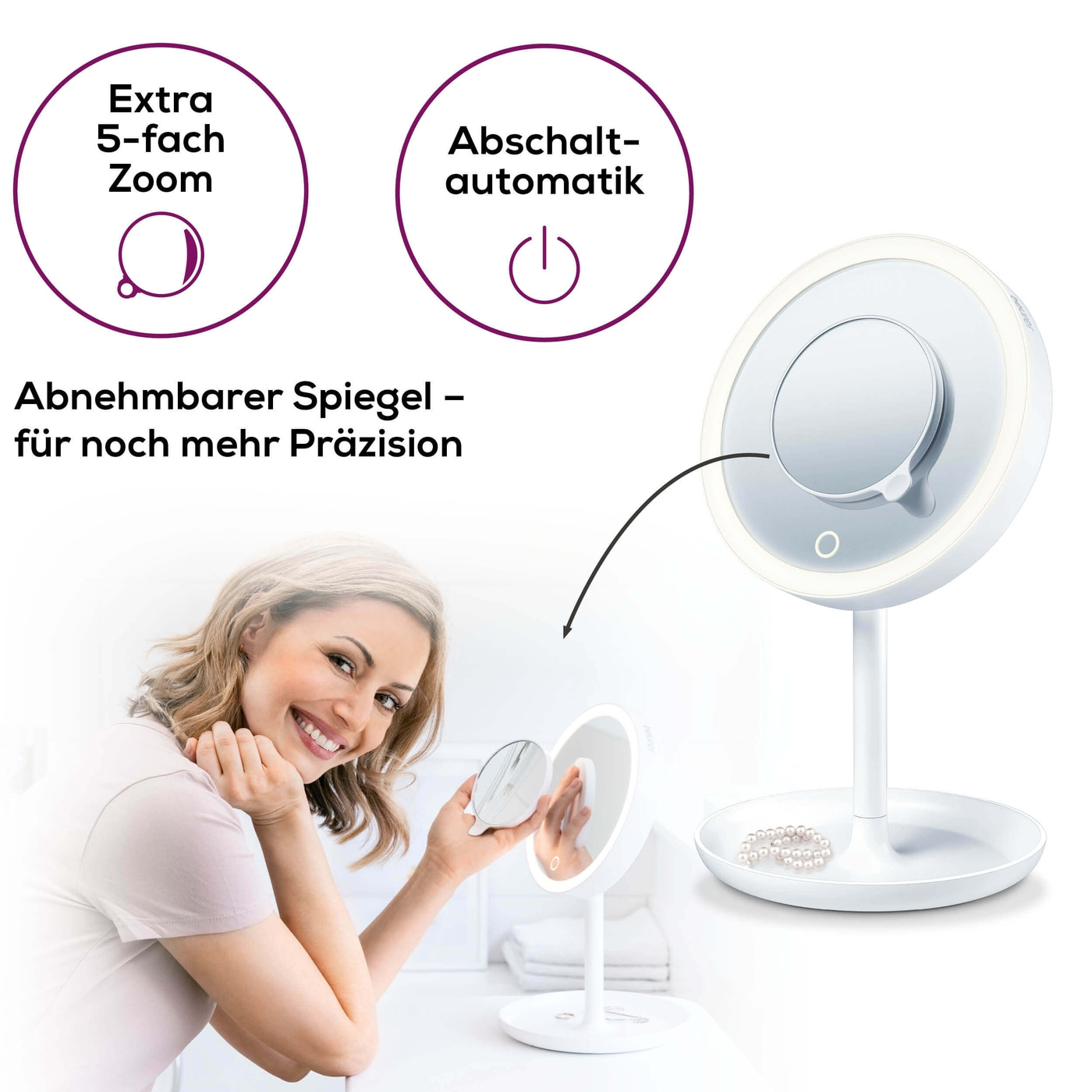 Beurer BS 45 Beleuchteter Kosmetikspiegel-Beleuchteter Standspiegel mit magnetischem Extra-Spiegel & 5-fach Zoom