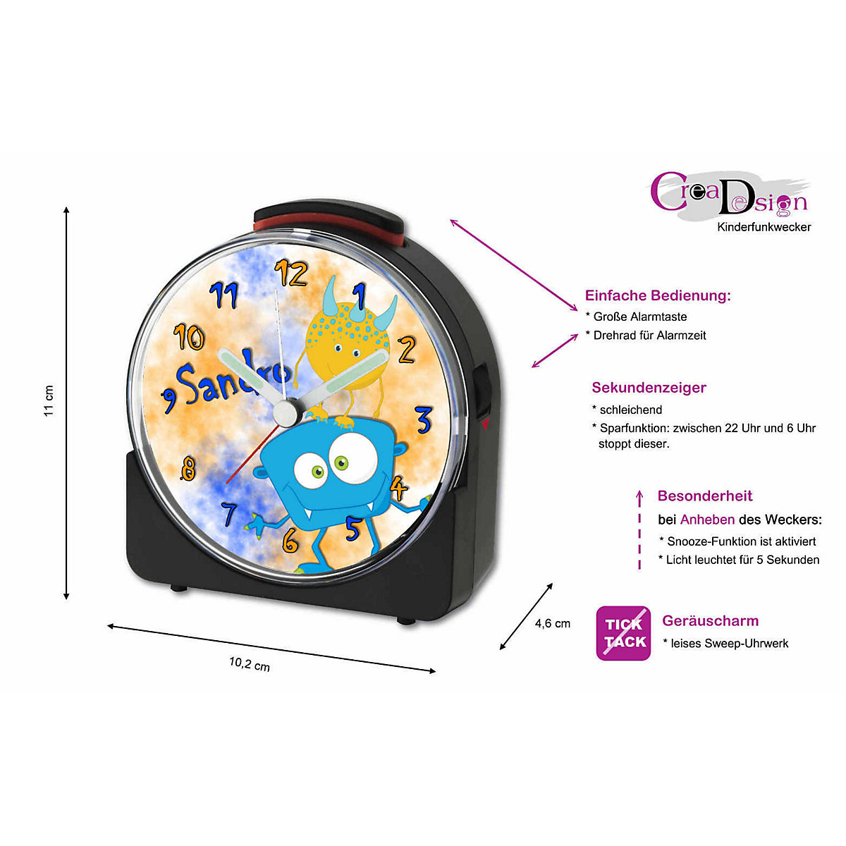 Kinder Funkwecker weiß personalisiert mit Namen Monster
