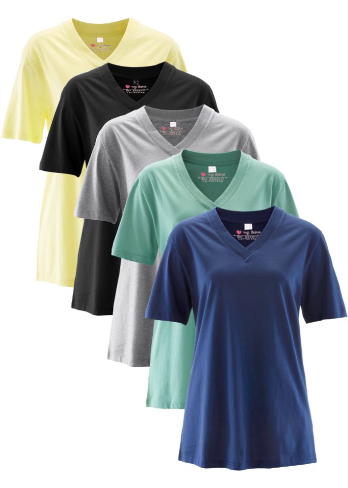 Weites Long-Shirt mit V-Ausschnitt, Kurzarm (5er Pack)