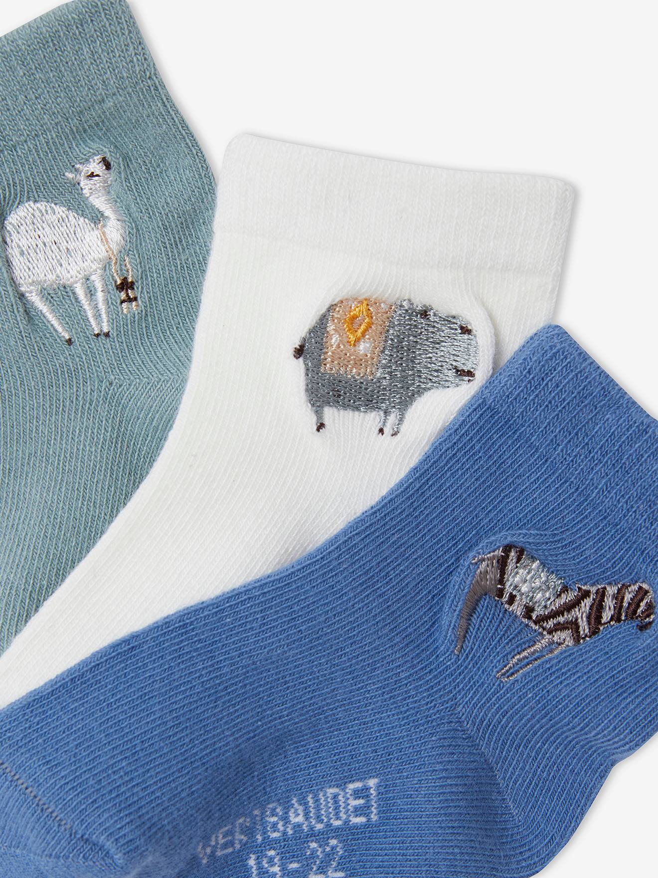 Lot de 3 paires de chaussettes animaux brodés bébé garçon lot tilleul