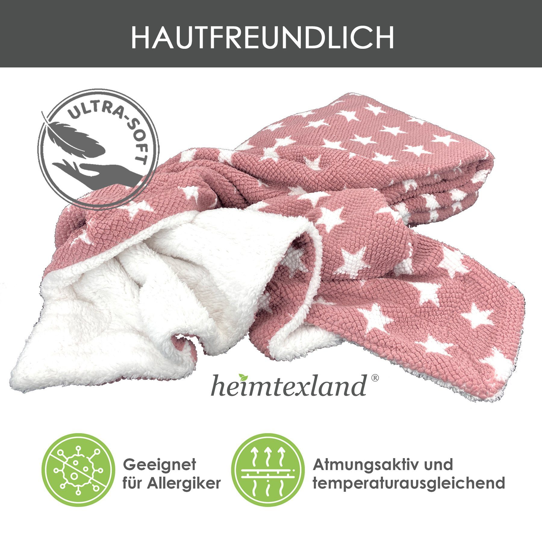 Wohndecke Flauschige Sterne Kuscheldecke 150x200 Sofadecke, heimtexland, mit kuschelig weicher Sherpa Fell Rückseite I Altrosa