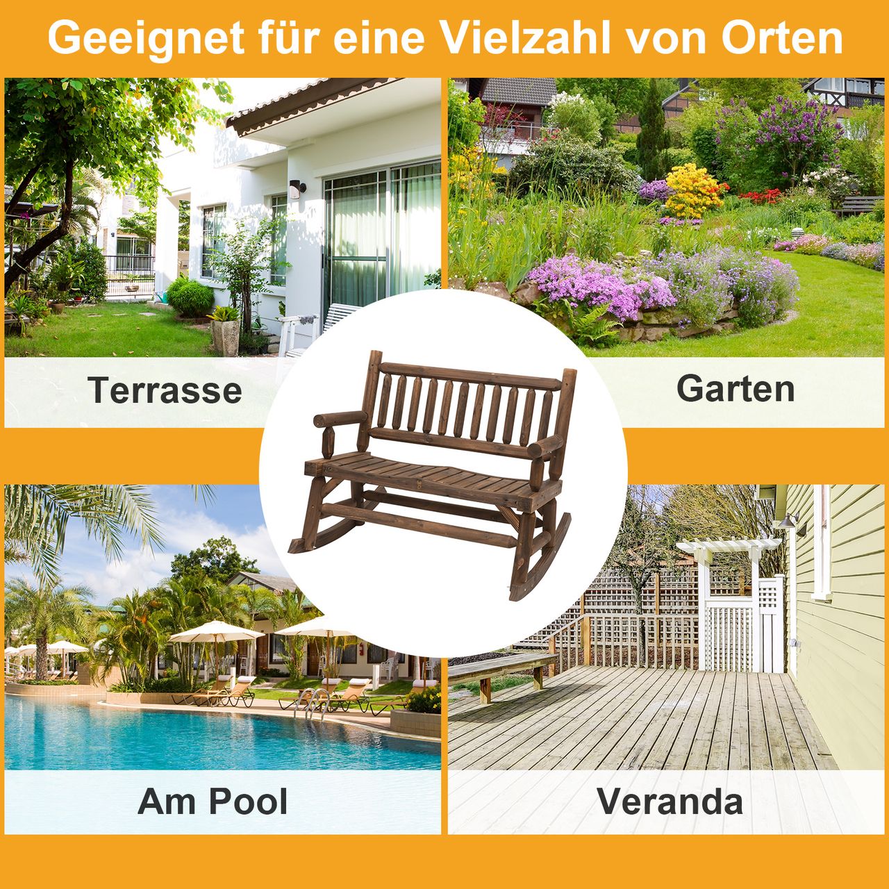 Outsunny Schaukelstuhl mit Armlehne Gartenstuhl Schwingsessel Massivholz Dunkelbraun 112 x 67 x 93 cm