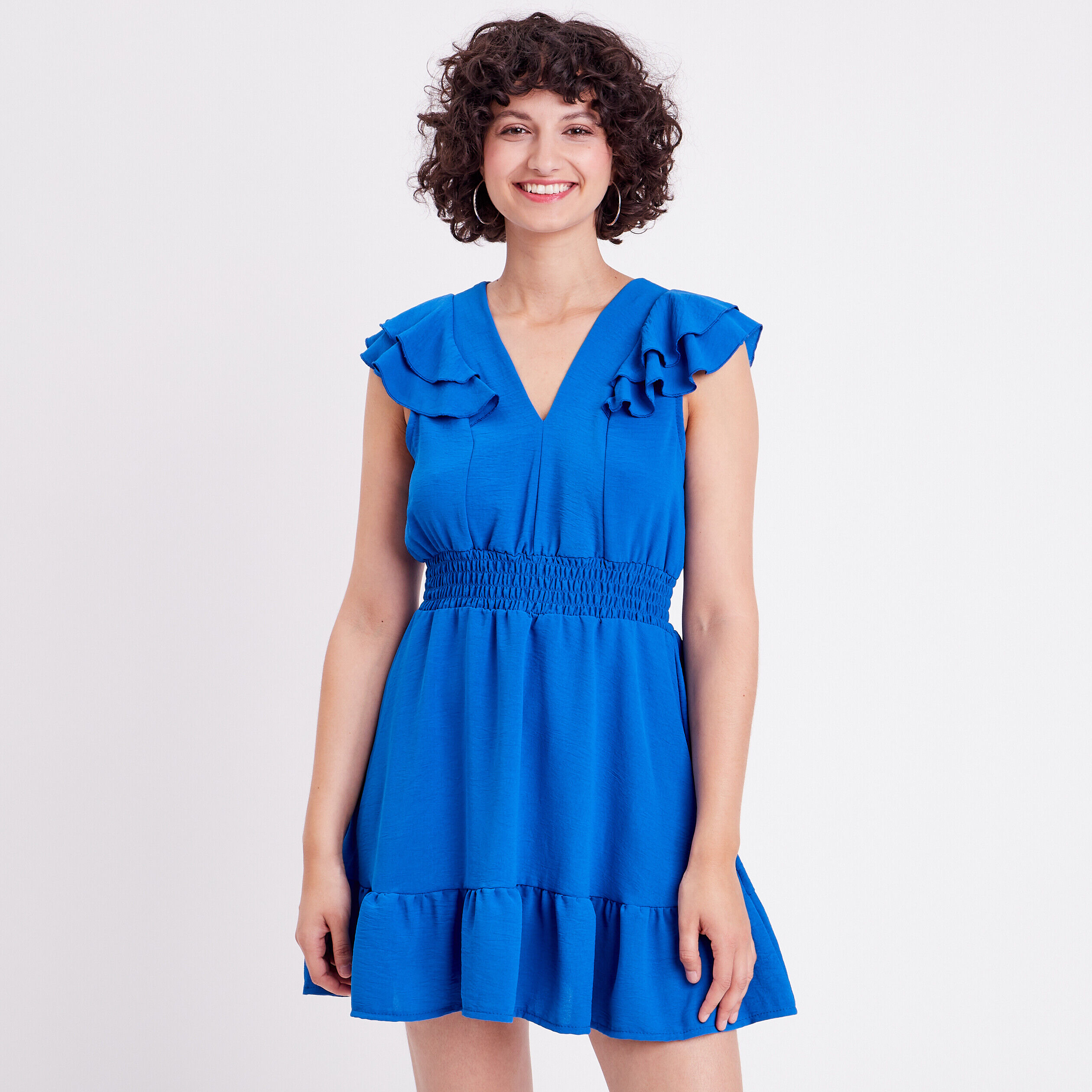 Robe évasée avec volants bleu roi femme | Cache Cache