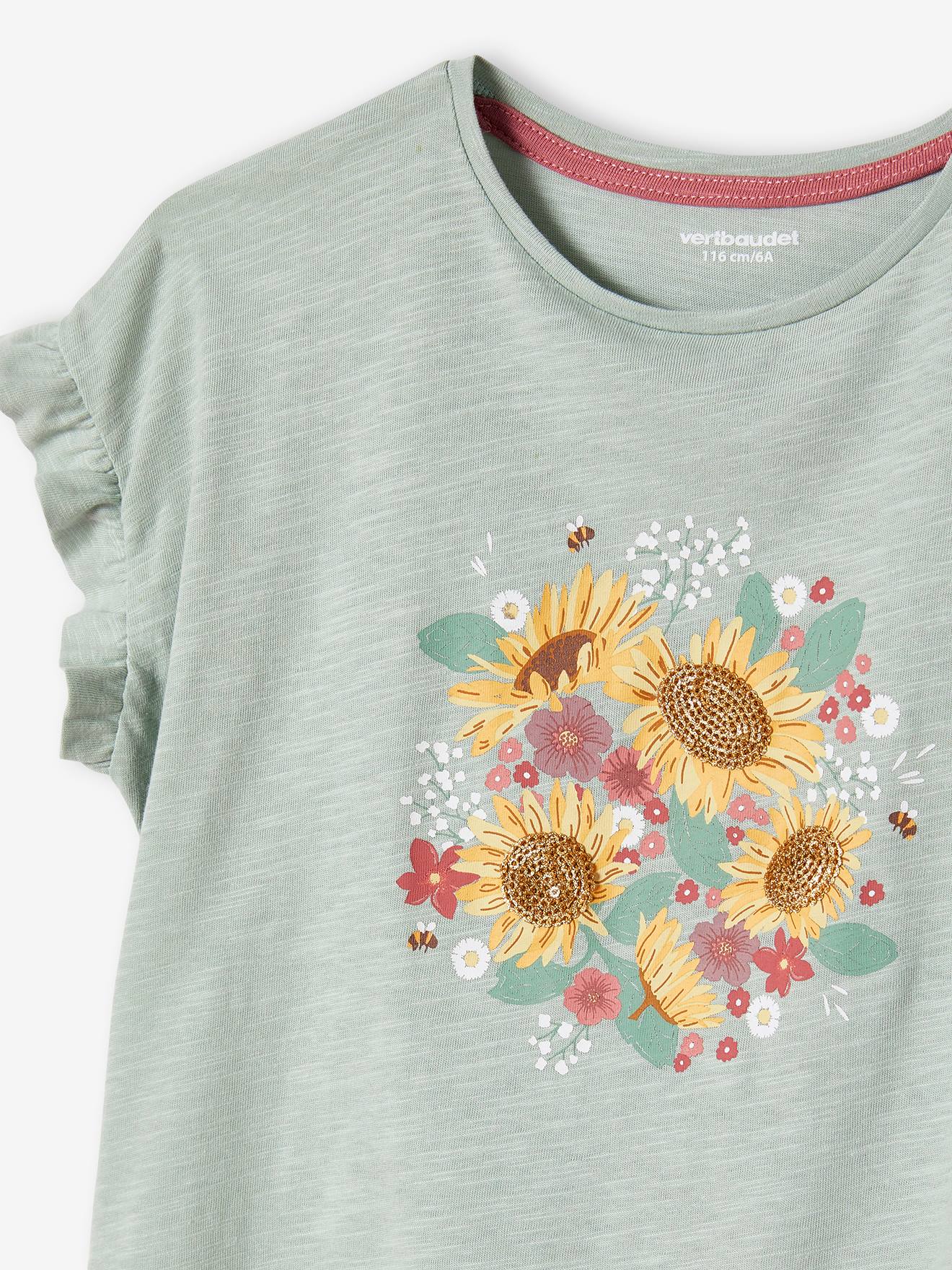 Tee-shirt volanté motif à sequins fille vieux rose