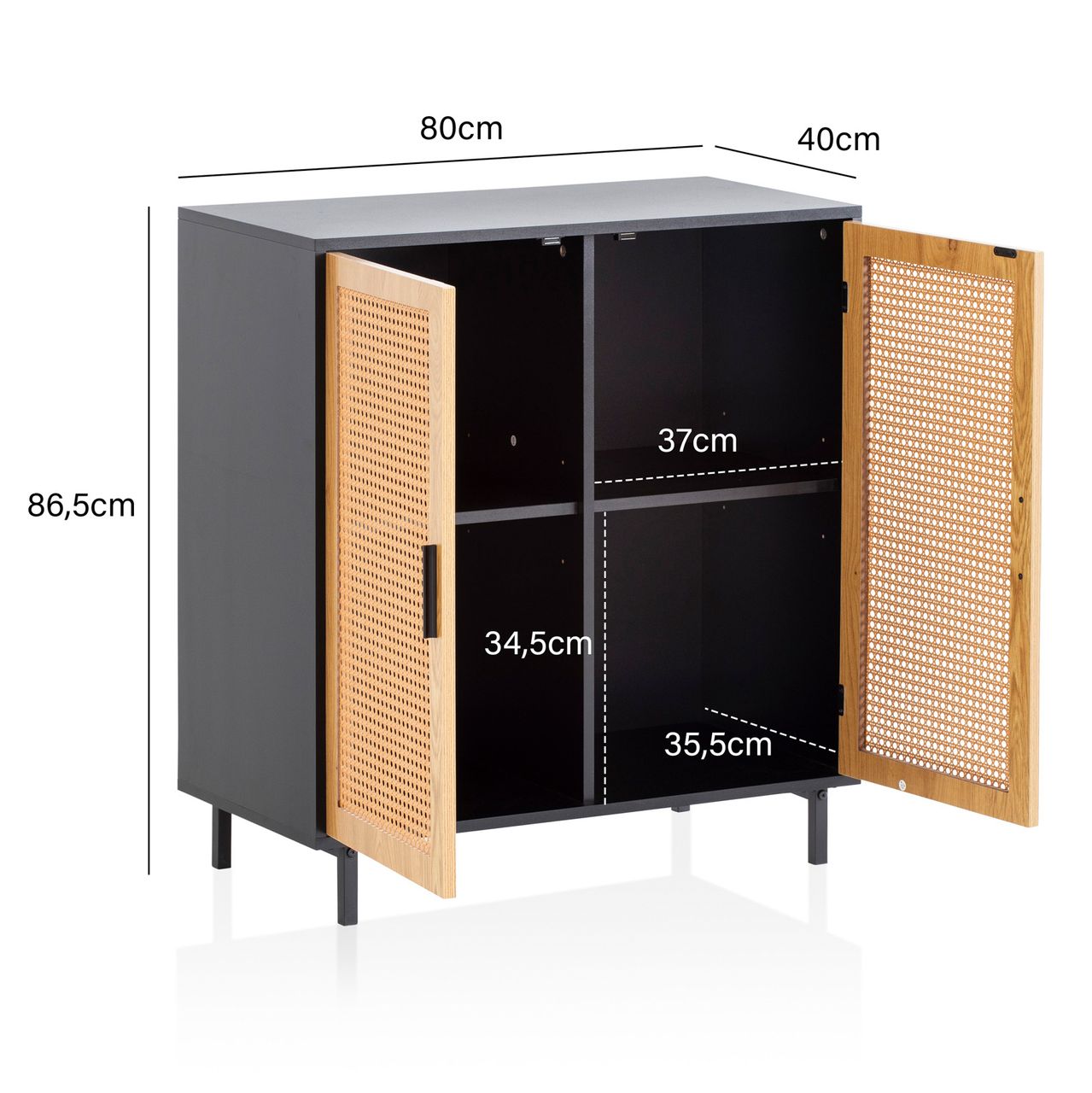 Wohnling Sideboard 80 cm Anrichte Kommodenschrank Schwarz mit Wiener Geflecht