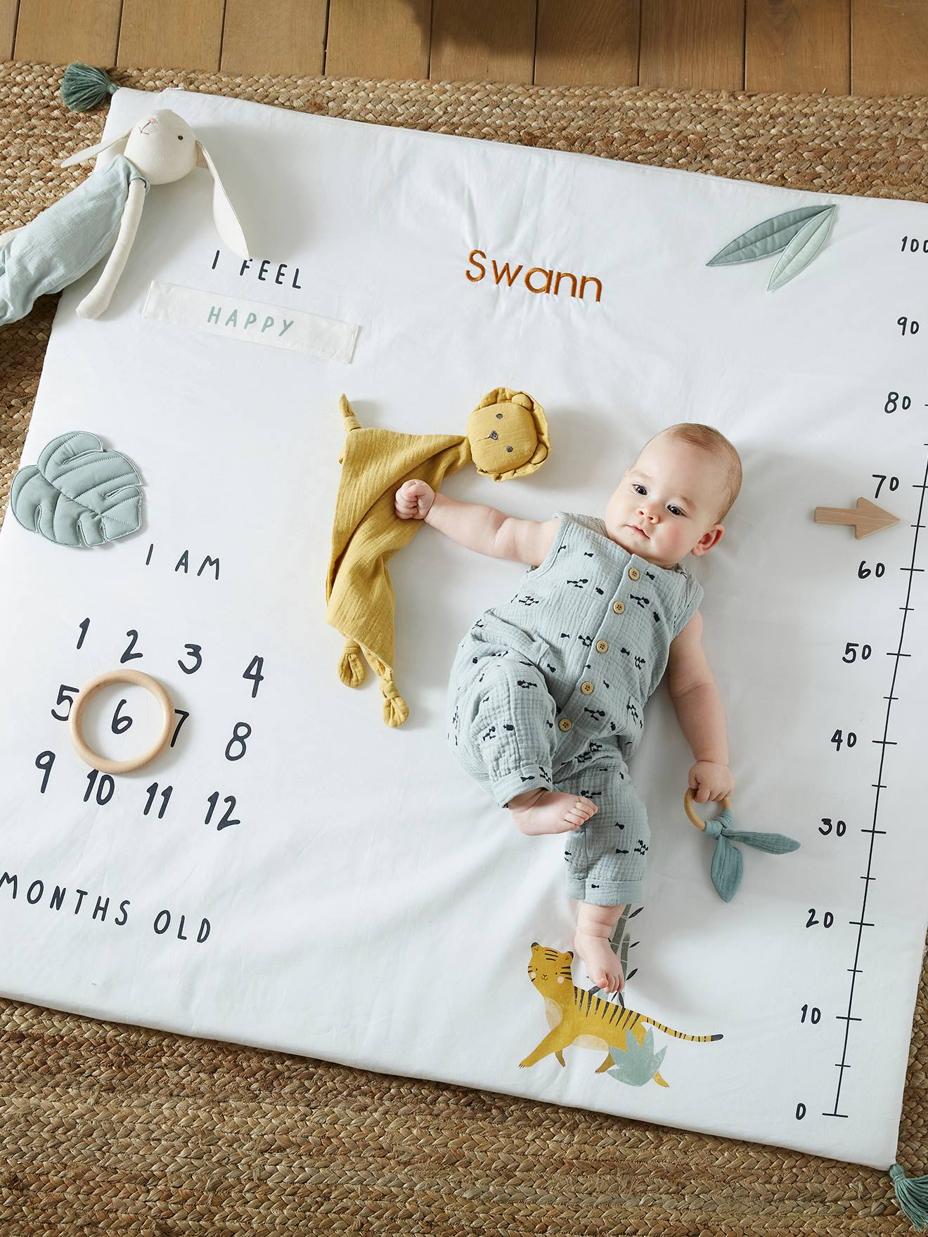 Vertbaudet Baby Meilenstein-Decke PANDAFREUNDE, personalisierbar - wollweiß/mehrfarbig